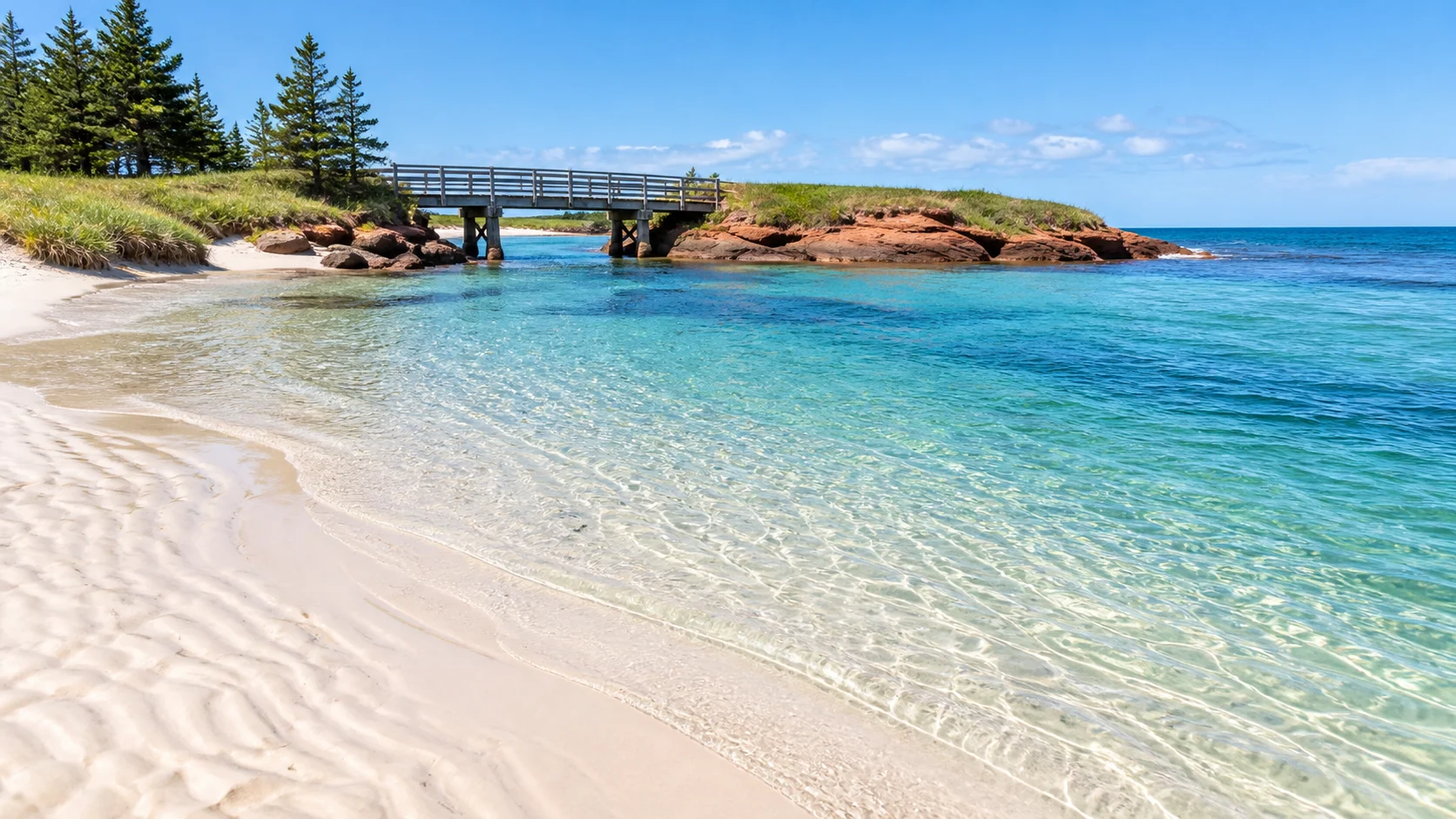 Clear turquoise shallows meet the pale singing sand at Basin Head Beach.