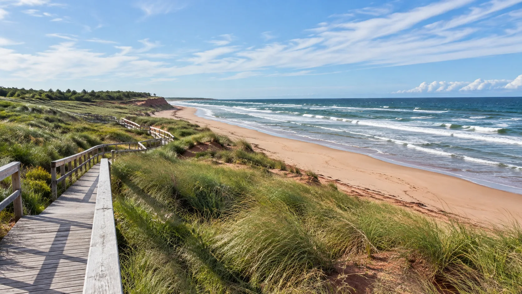 A boardwalk crosses protected dunes toward Brackley Beach on Prince Edward Island.