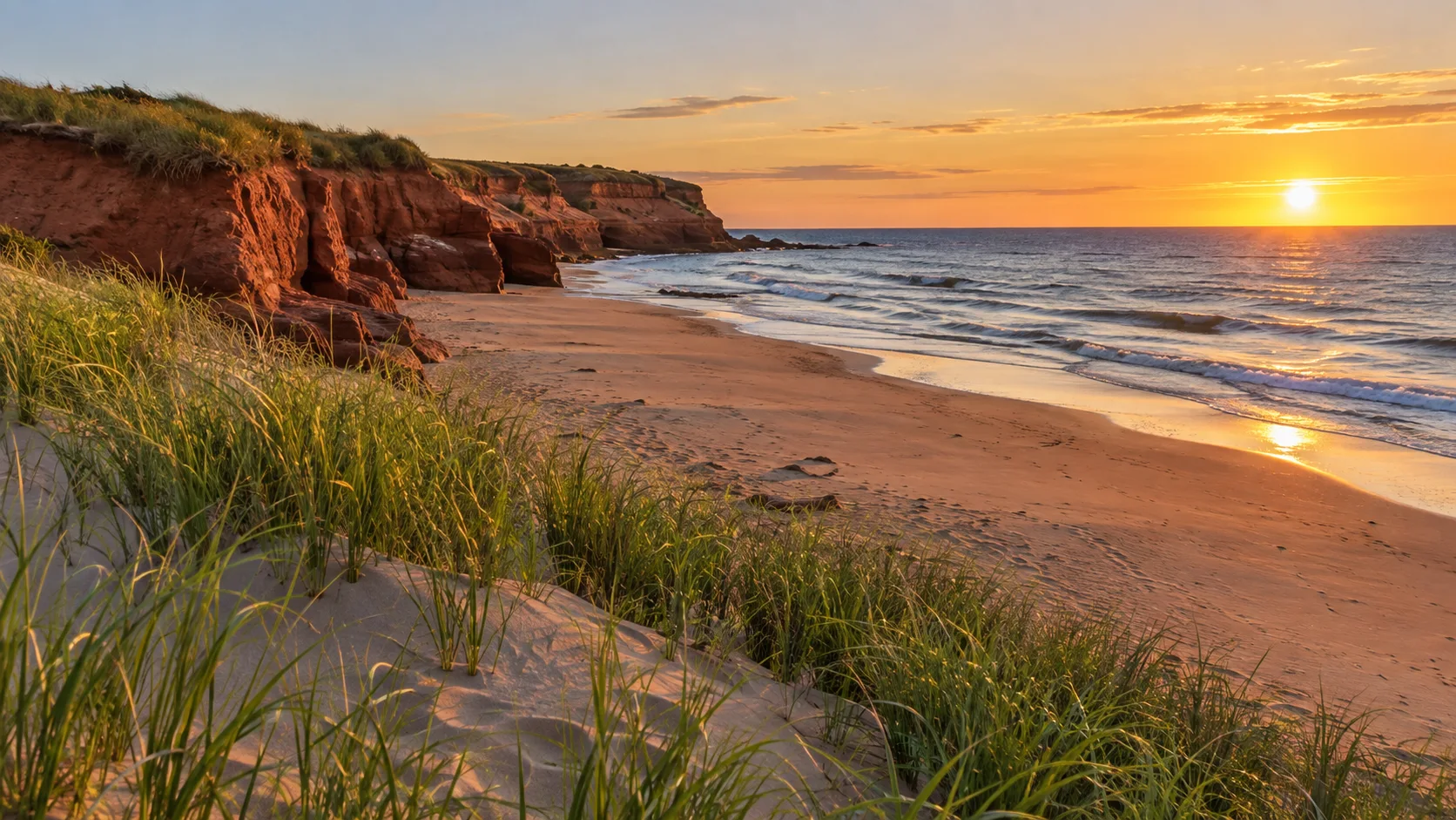 Red sandstone cliffs and grassy dunes meet Cavendish Beach on Prince Edward Island.