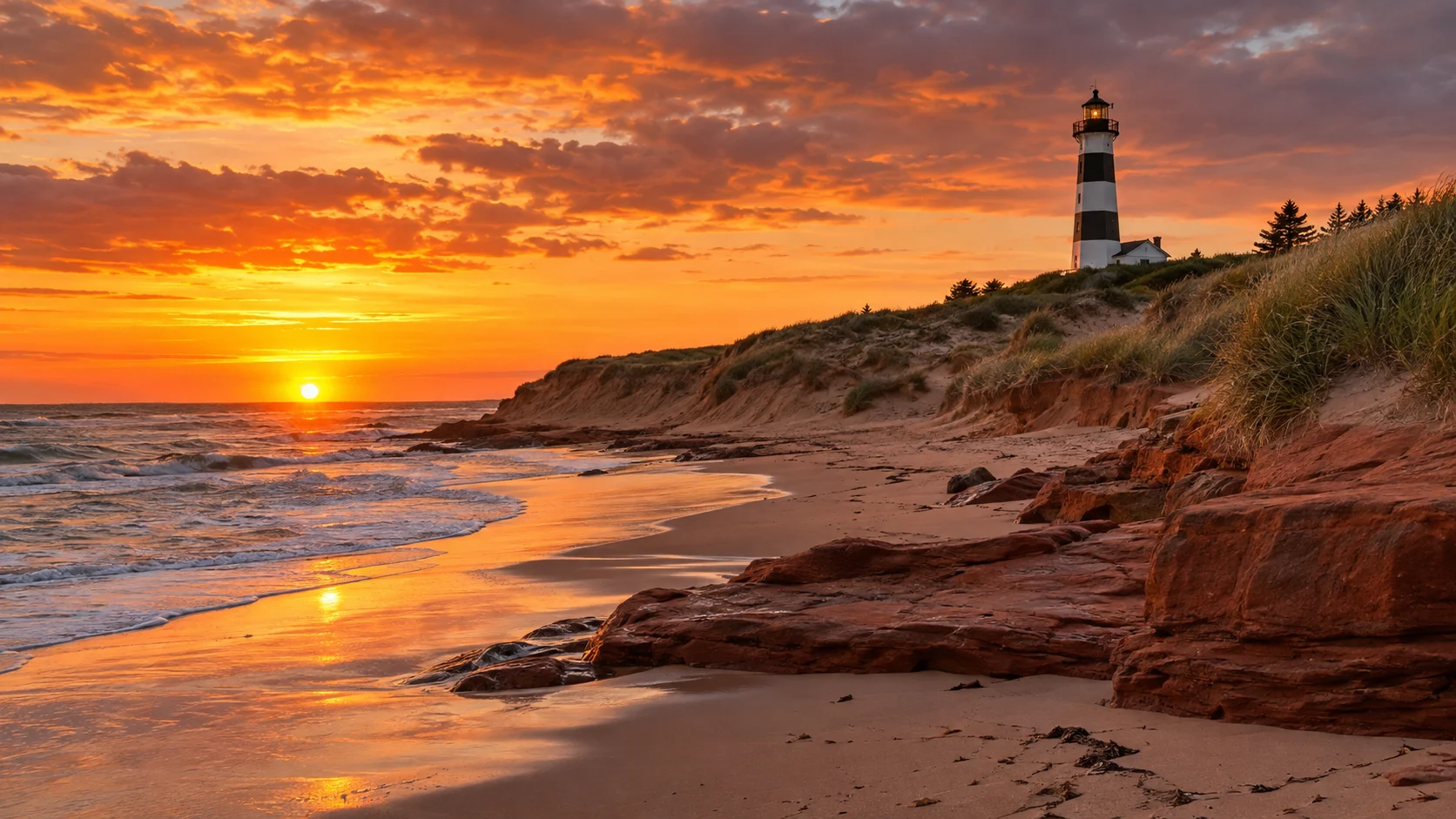 West Point Lighthouse rises behind the dunes at Cedar Dunes Provincial Park.