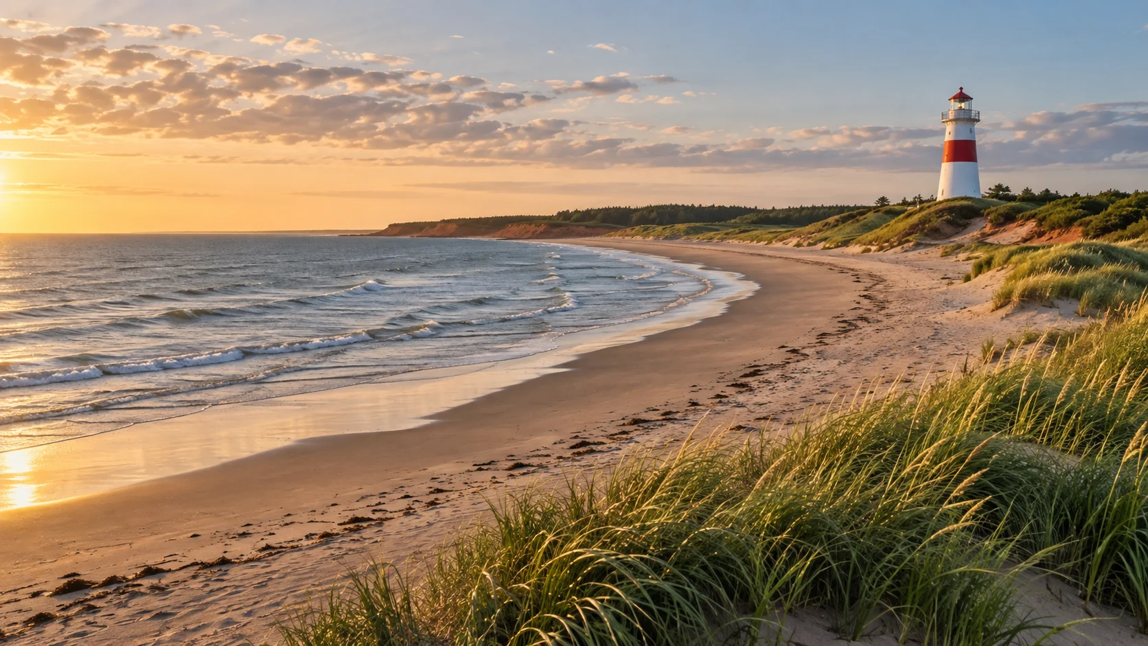 Panmure Island Lighthouse stands beyond a curving beach and grassy dunes.