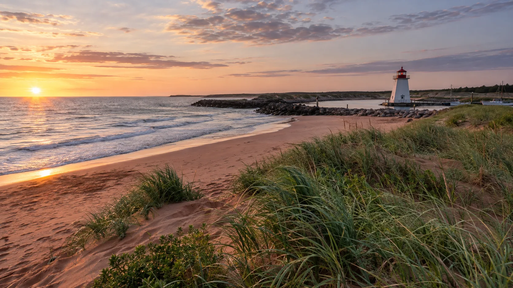 Covehead Harbour Lighthouse rises beyond Stanhope's sandy beach and dunes.