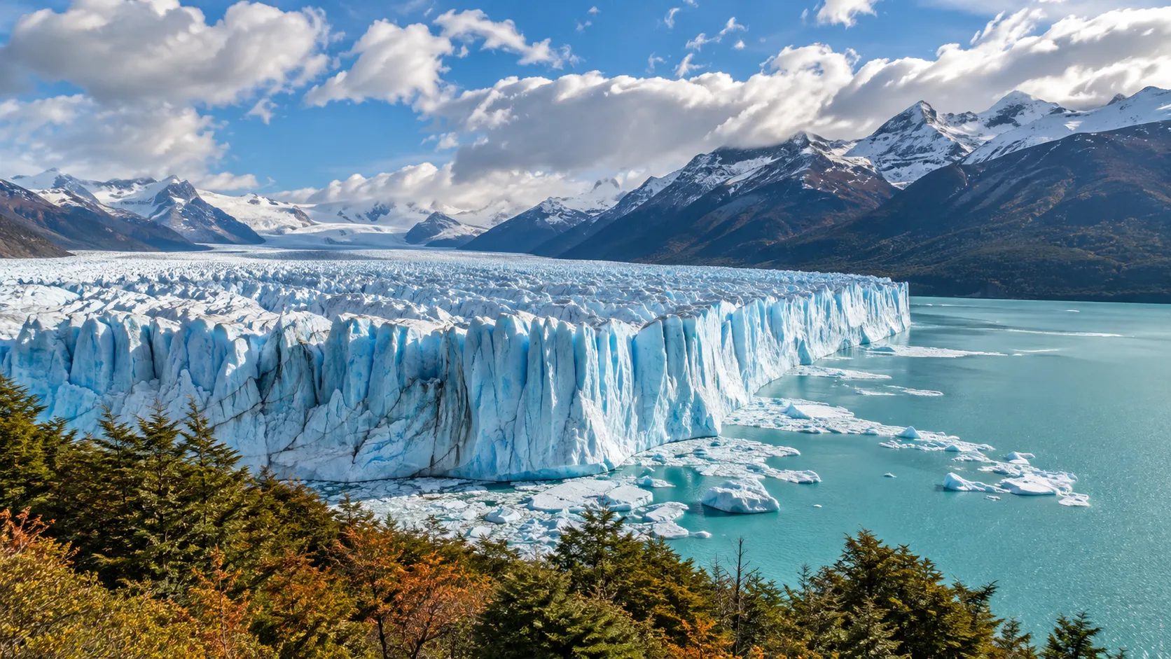 Blue-crevassed Perito Moreno Glacier meeting Lago Argentino beneath the Andes