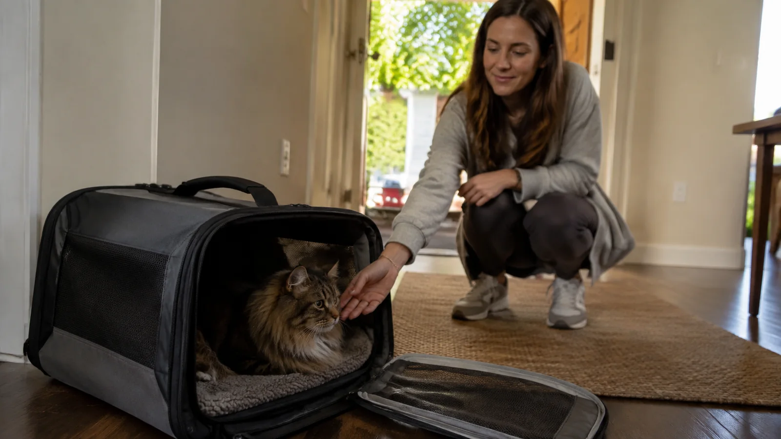 Woman crouching beside a cat resting inside an open soft-sided carrier.