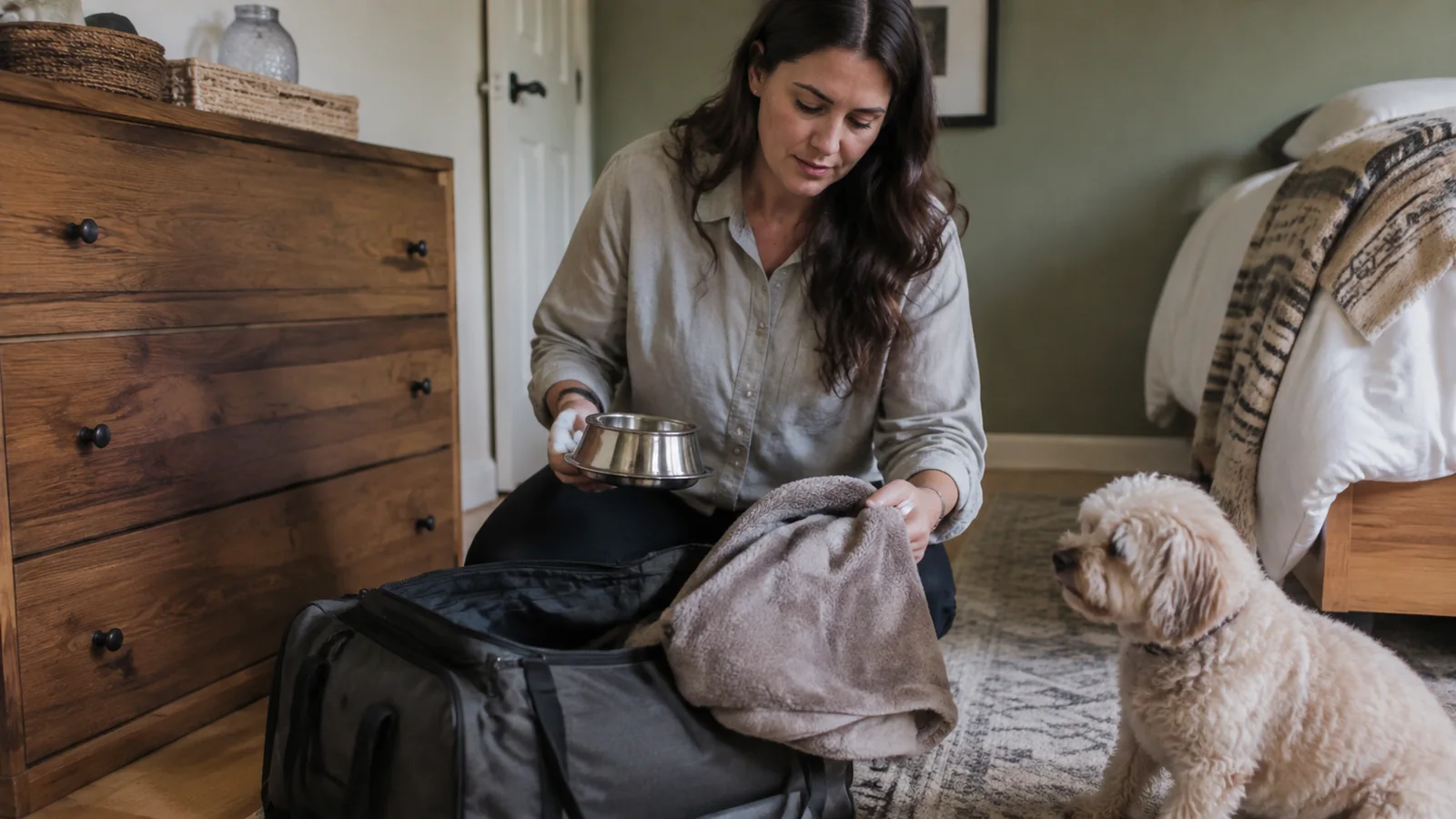 Woman packing a metal pet bowl and blanket beside a small dog.