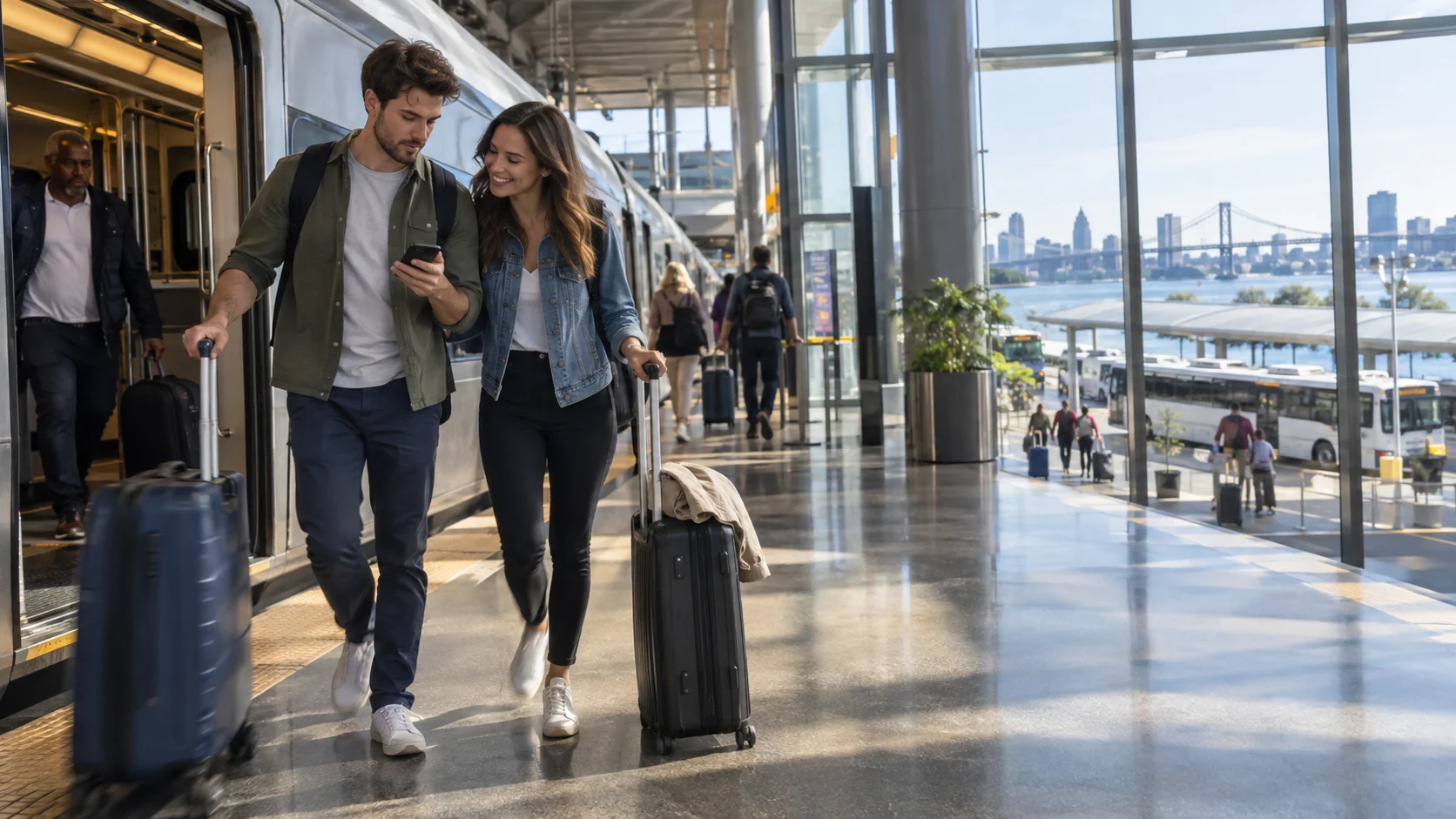 Cruise travelers with luggage stepping from a train at a bright Philadelphia station.