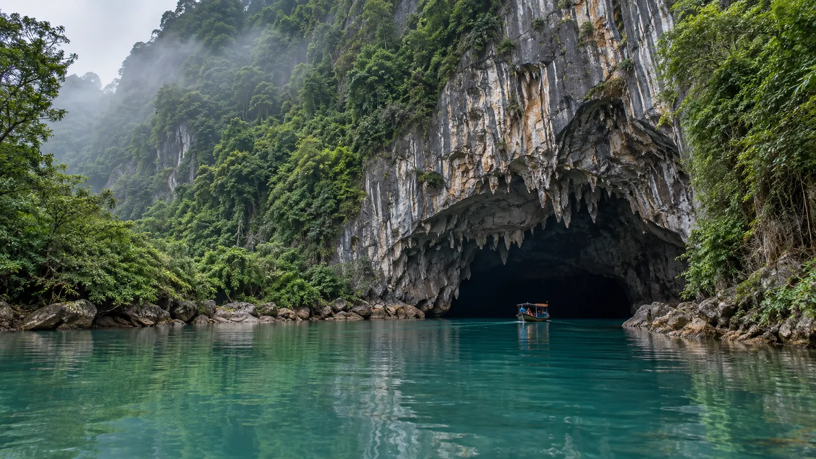 A wooden boat entering the turquoise river cave beneath jungle-covered karsts in Phong Nha-Ke Bang.