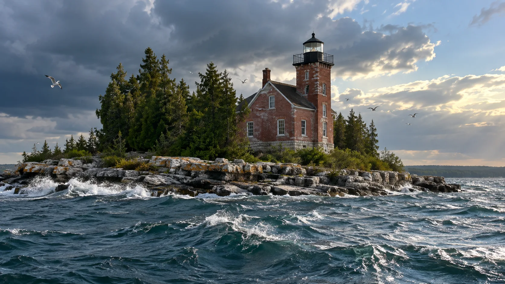 Red-brick Pilot Island Lighthouse above choppy water in Death's Door