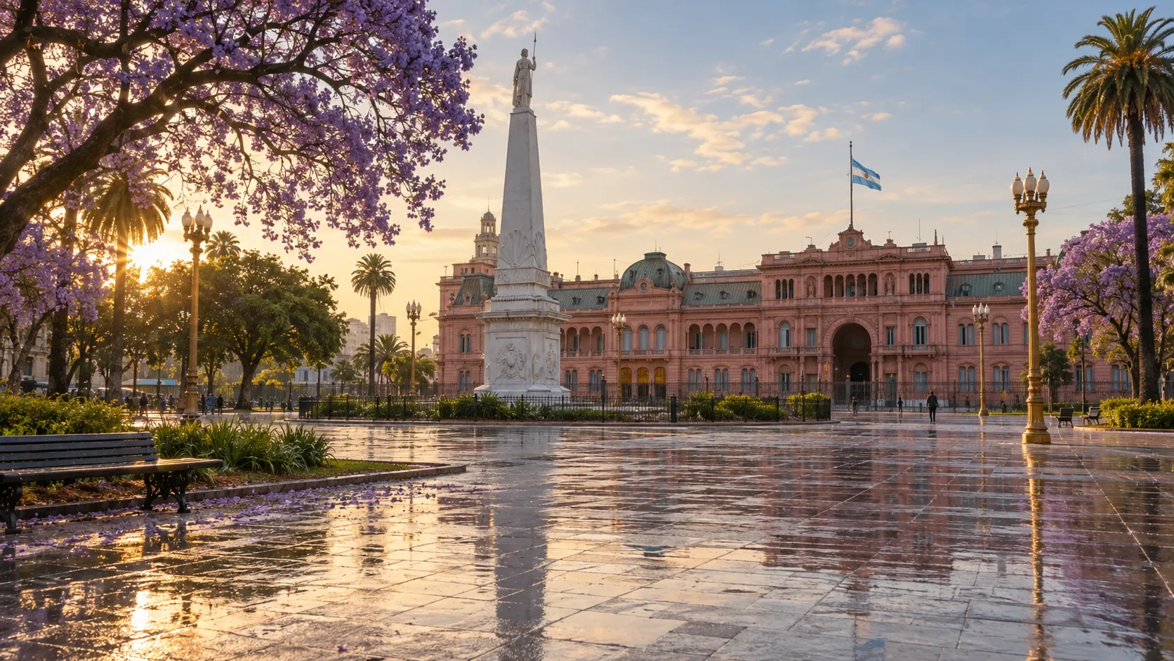 Casa Rosada and the May Pyramid across Buenos Aires' jacaranda-lined Plaza de Mayo