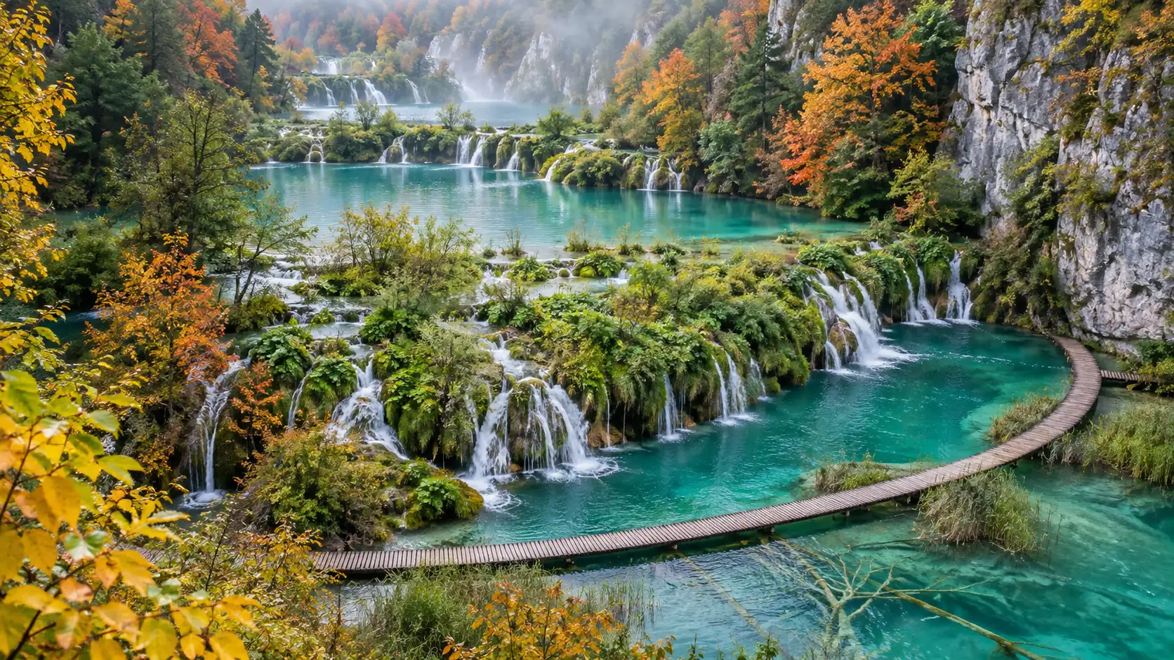 Turquoise lakes, travertine cascades and an empty boardwalk at Plitvice Lakes