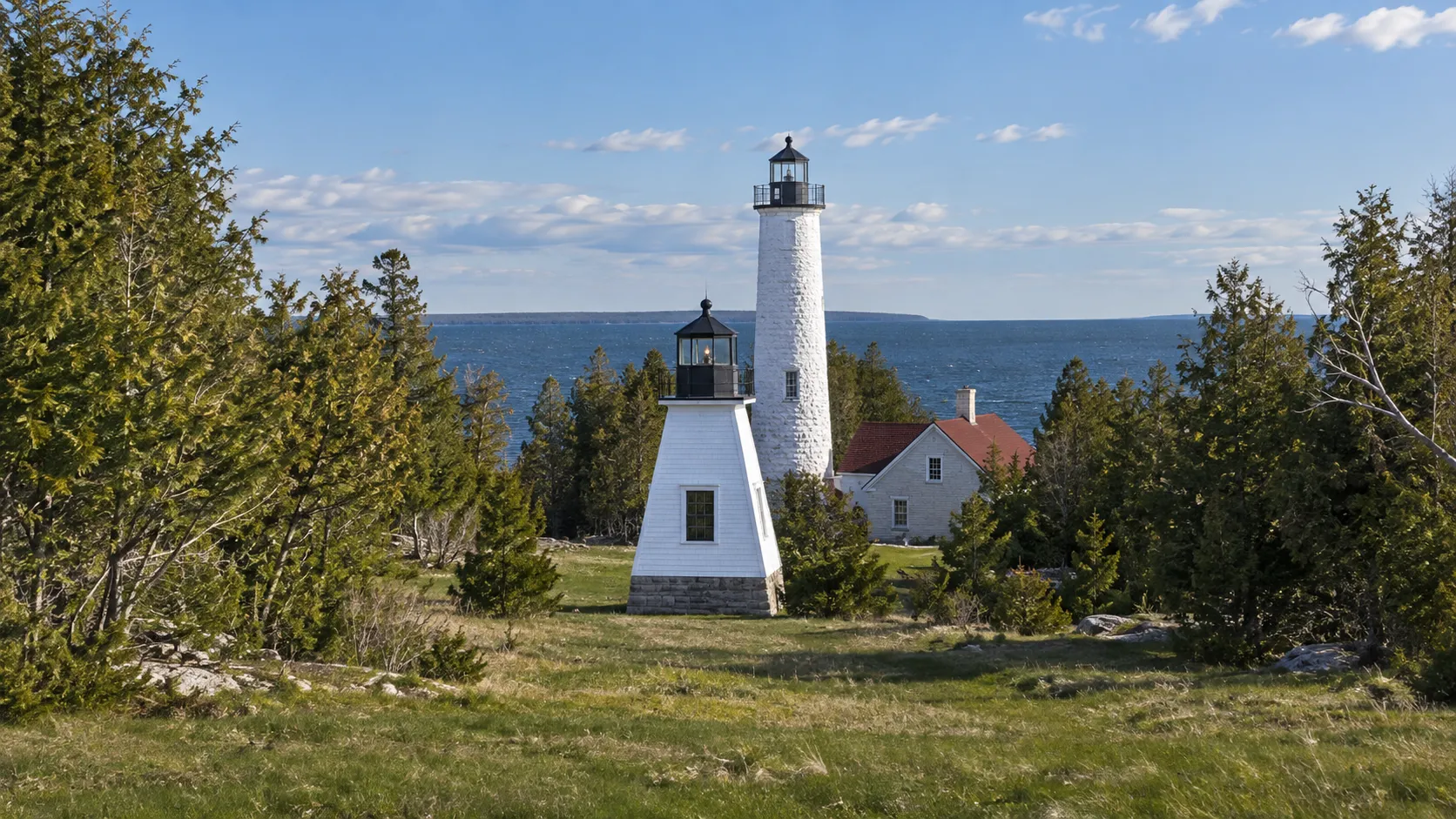 Plum Island Range Lights aligned in a cedar clearing near Death's Door