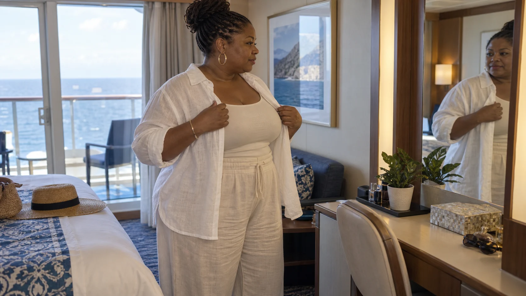Plus-size woman layering a linen shirt over a comfortable cruise outfit