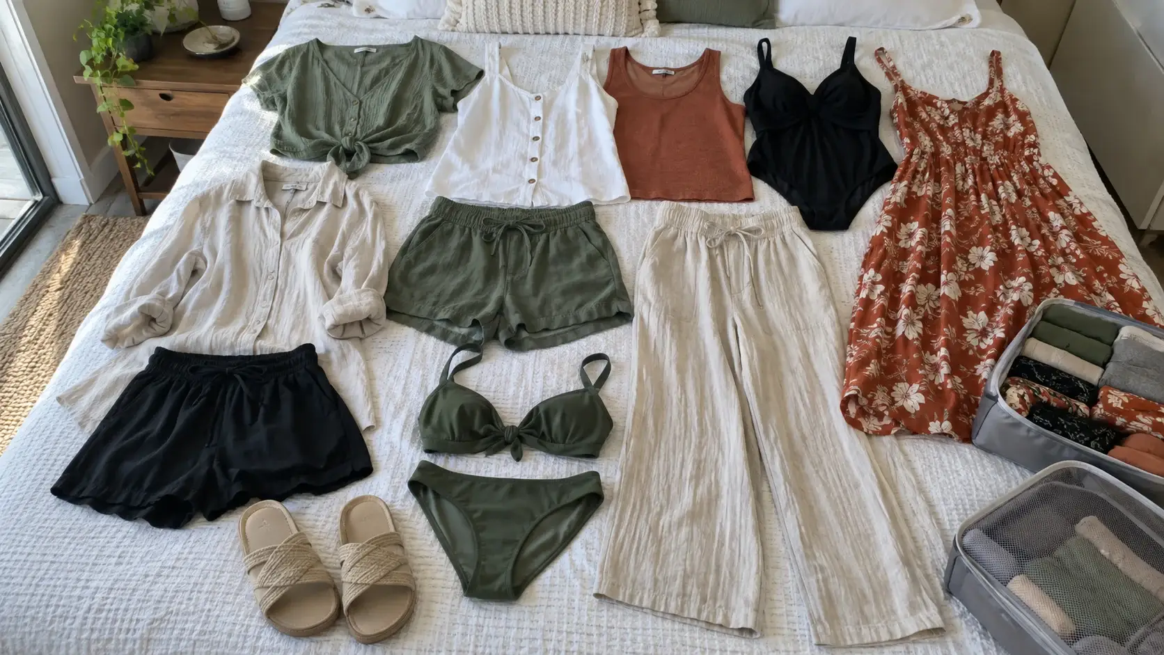 Seven-night warm-weather plus-size cruise wardrobe arranged on a bed