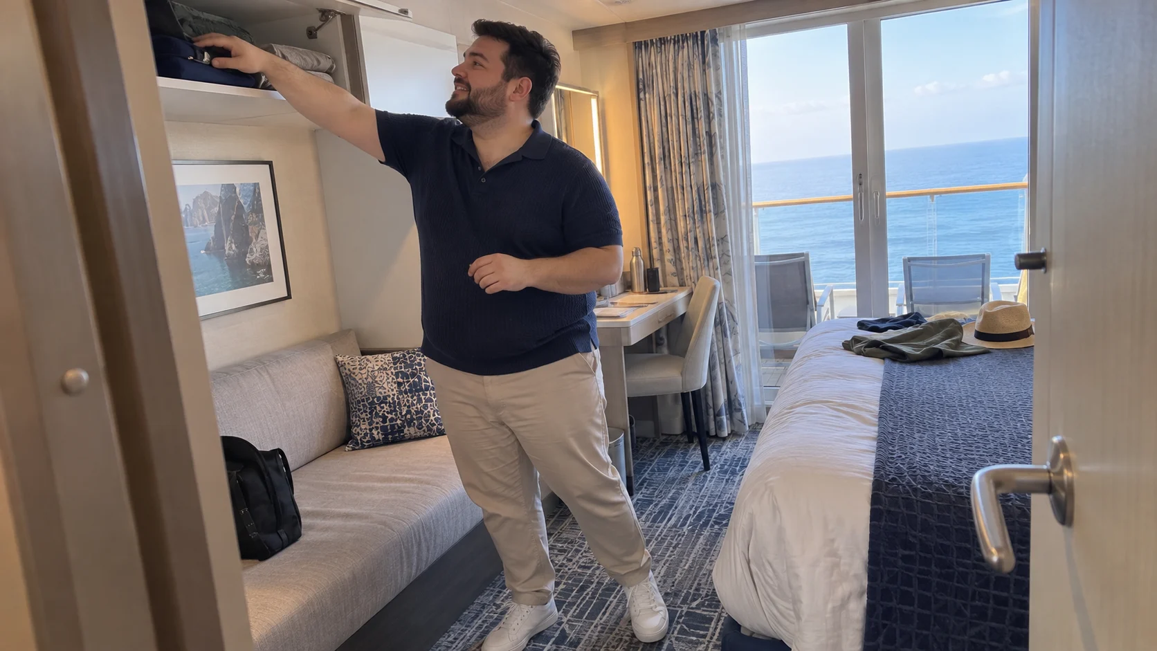 Plus-size man reaching and moving to fit-test a cruise outfit