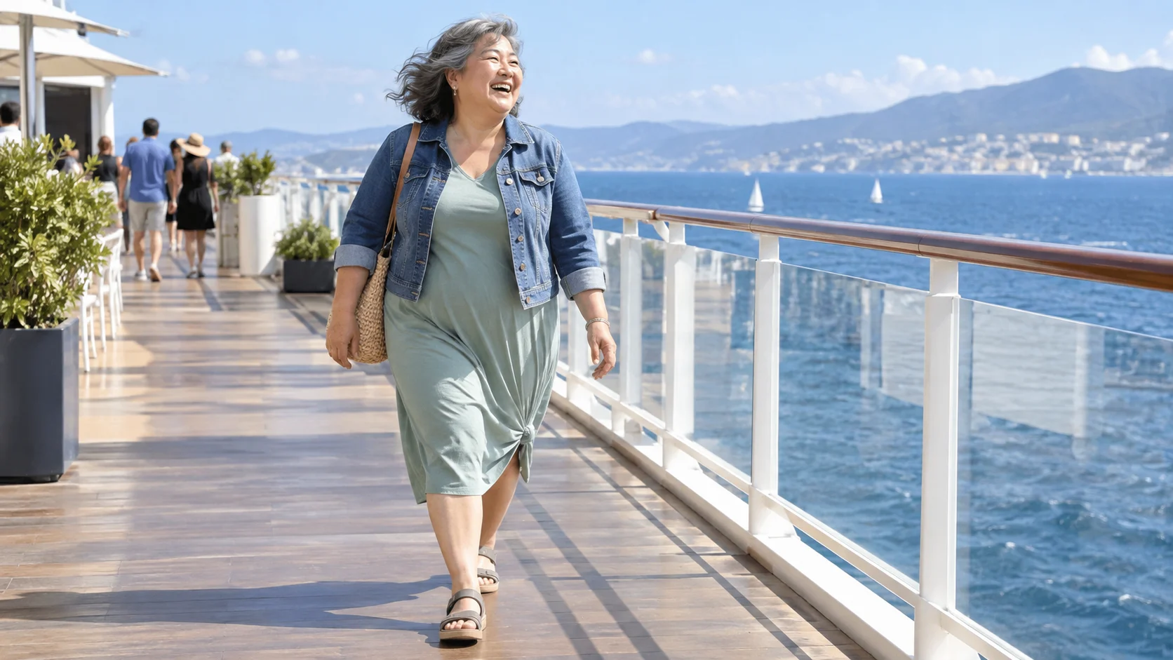 Older plus-size woman walking the cruise promenade in a soft midi dress