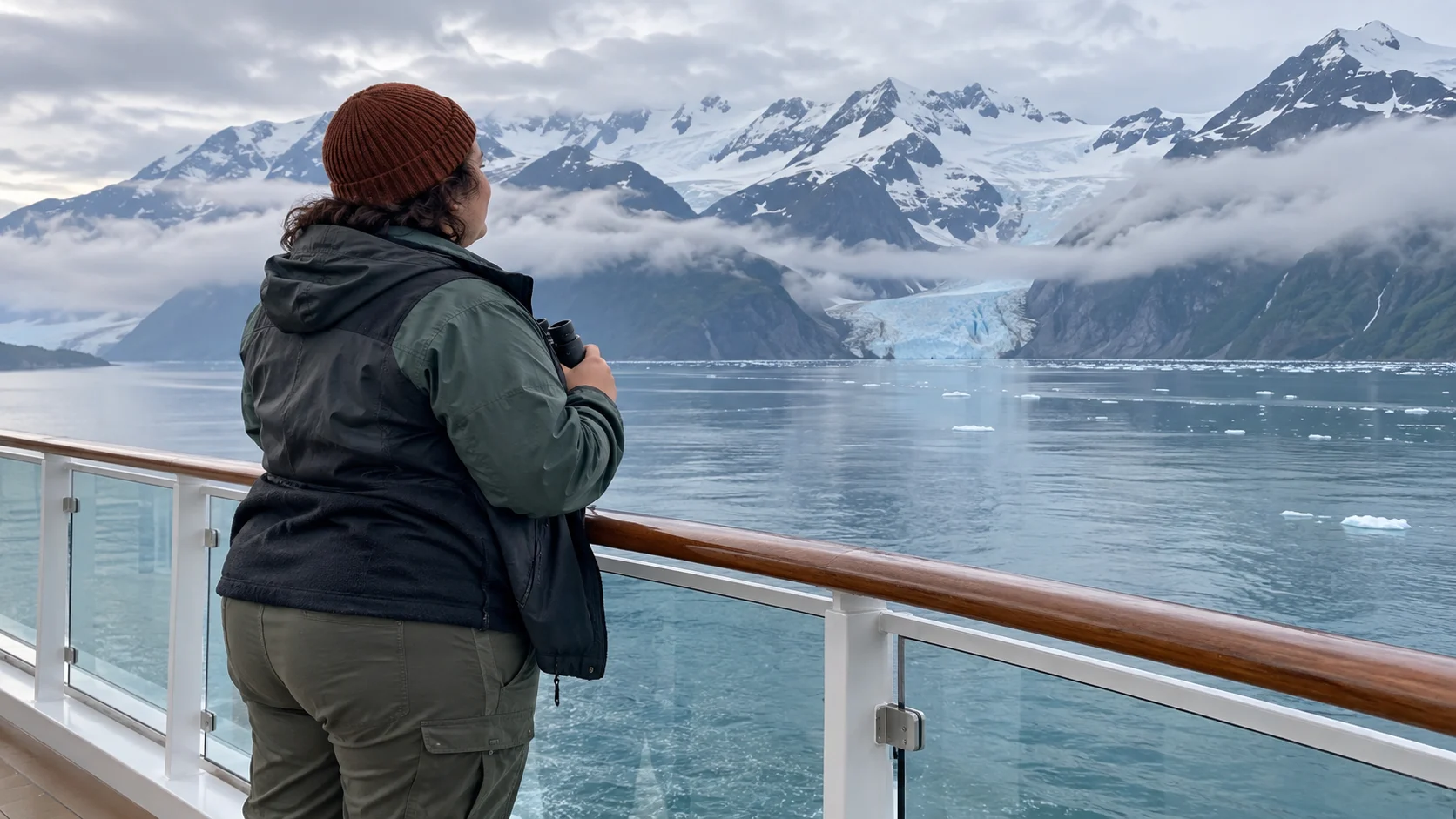 Plus-size traveler wearing practical layers on an Alaska cruise deck