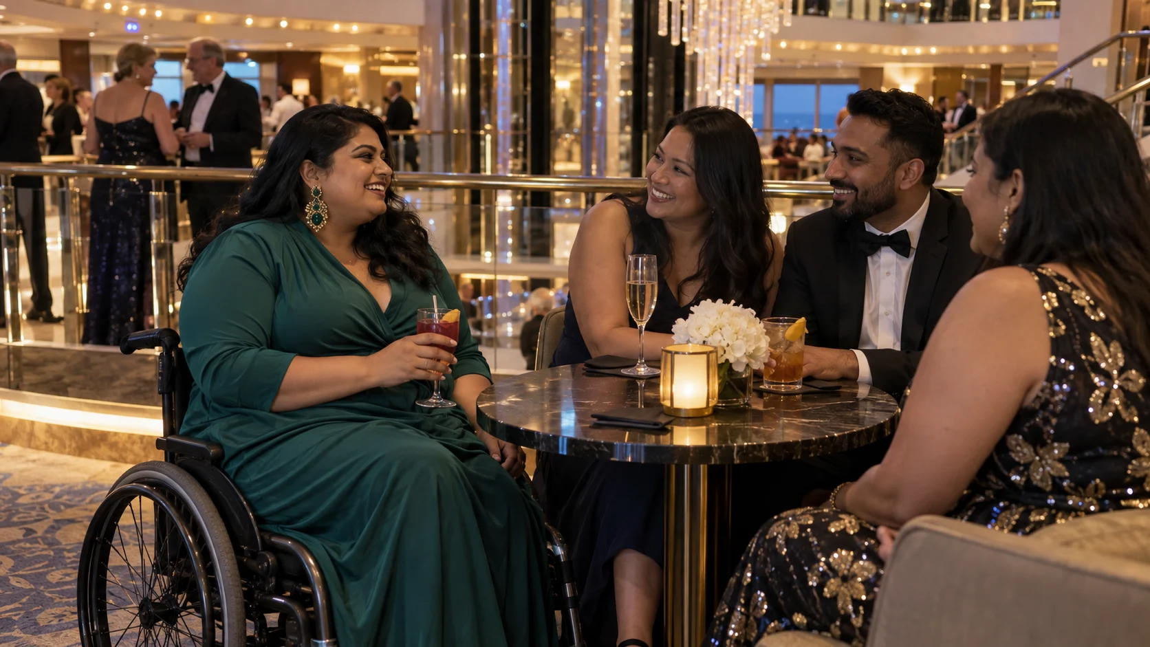 Plus-size wheelchair user in an elegant green dress enjoying formal night