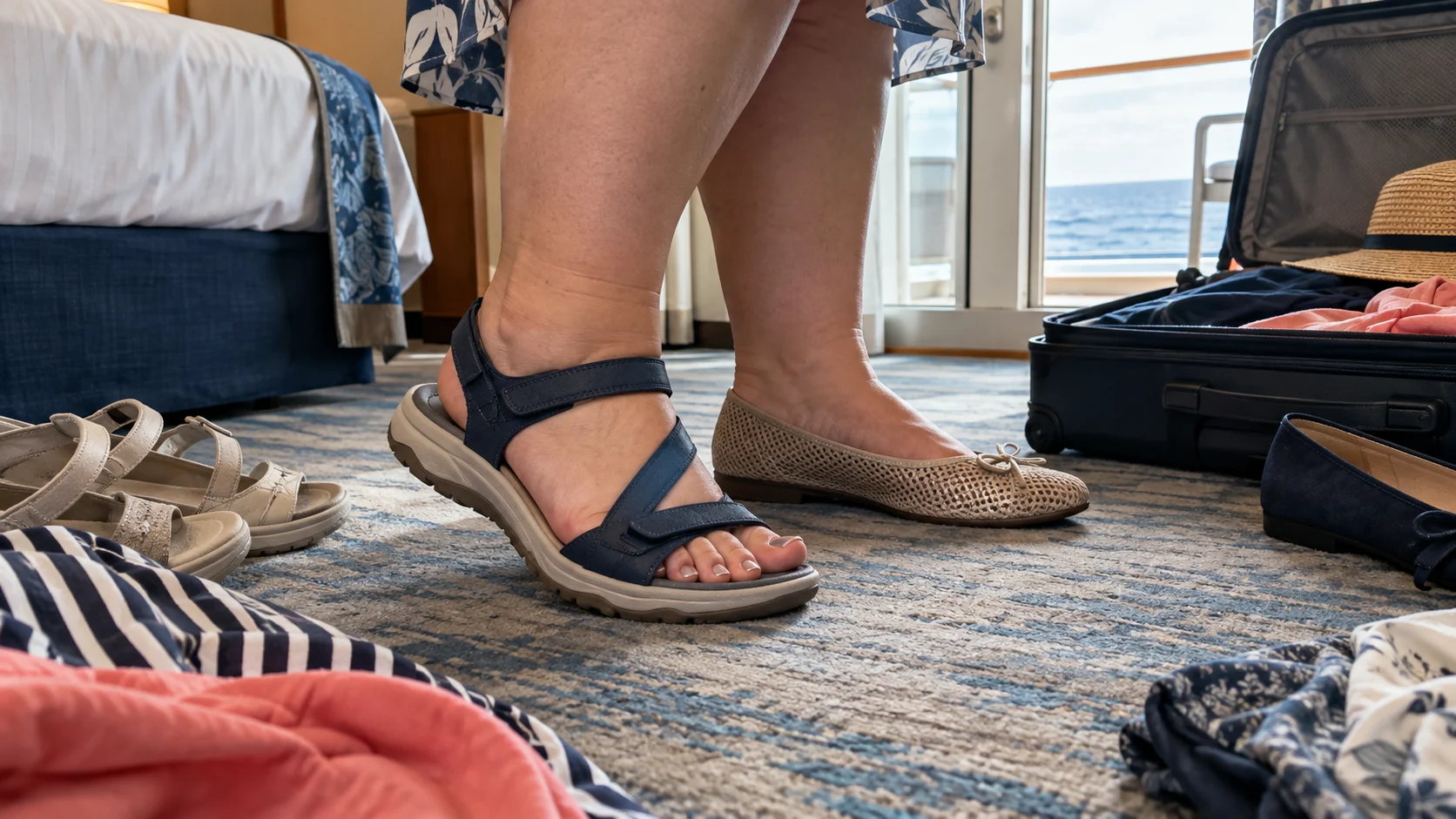Traveler testing supportive sandals and flats beside an open suitcase