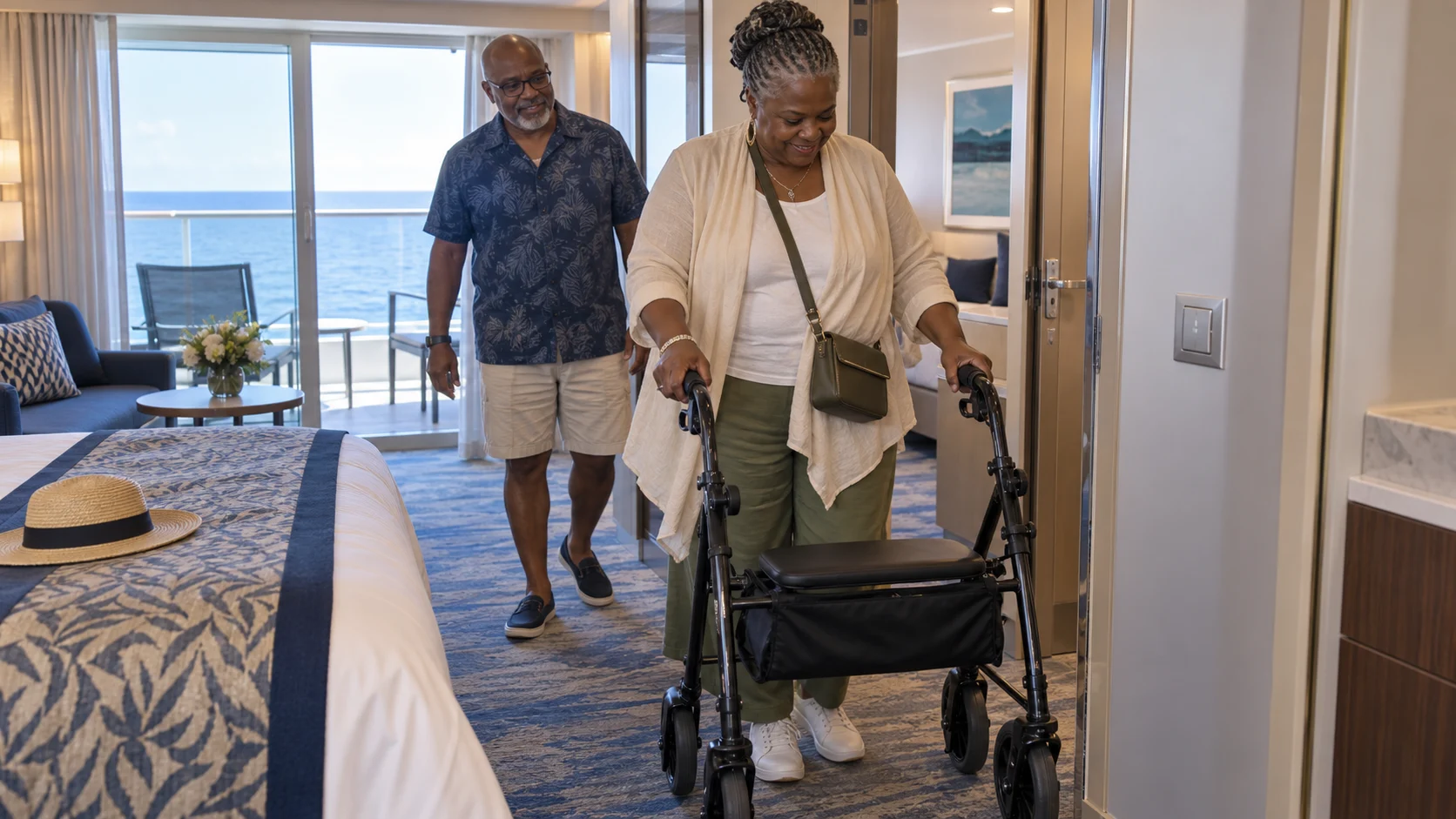 Plus-size traveler checking clothing and bag clearance while using a rollator