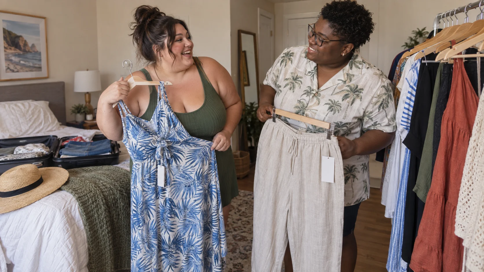Plus-size friends comparing breathable cruise clothes before packing