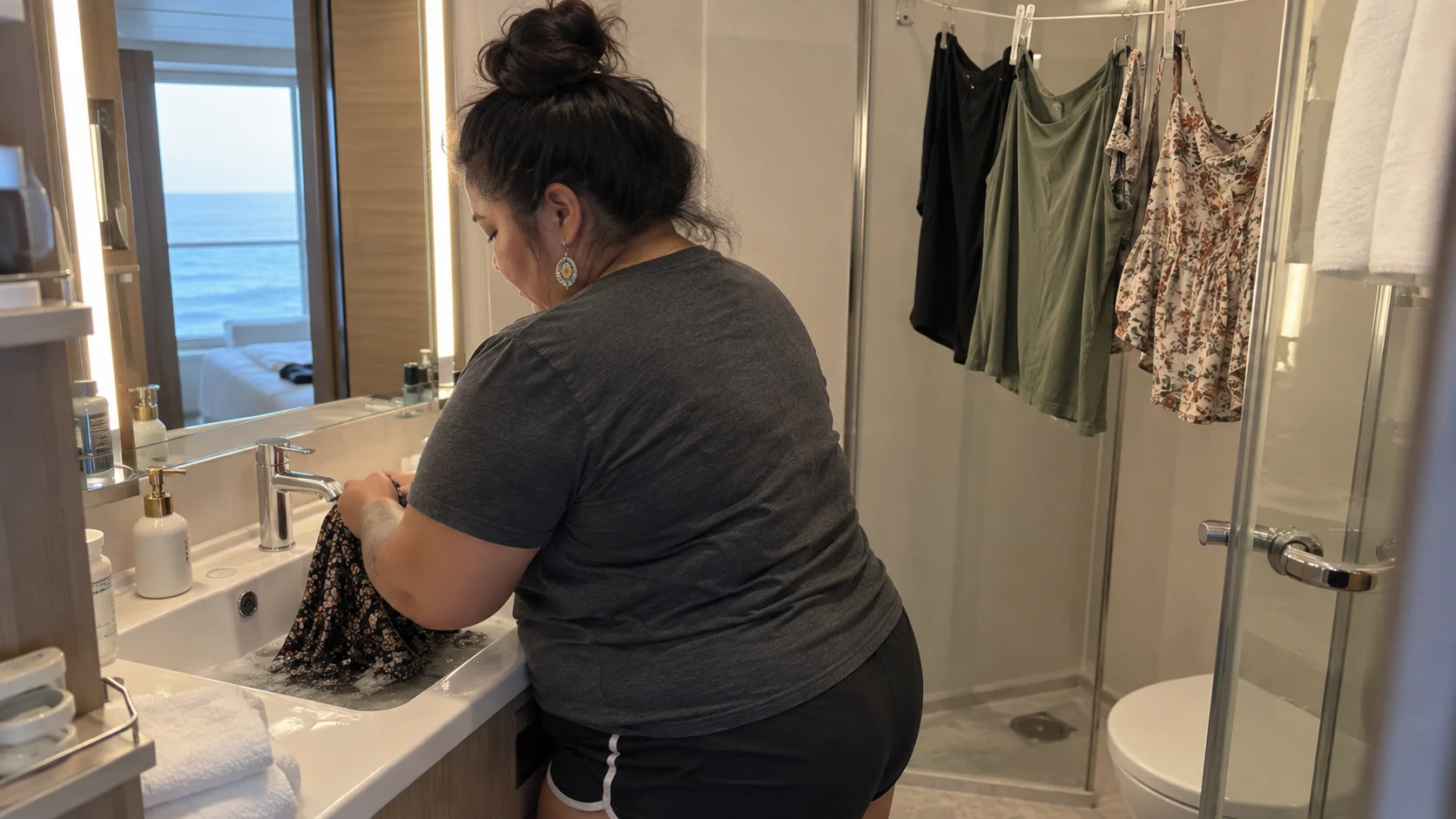 Plus-size traveler hand-washing a lightweight top in a cruise cabin