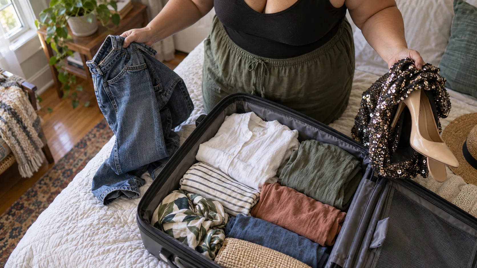 Traveler removing rigid jeans and uncomfortable formalwear from a suitcase