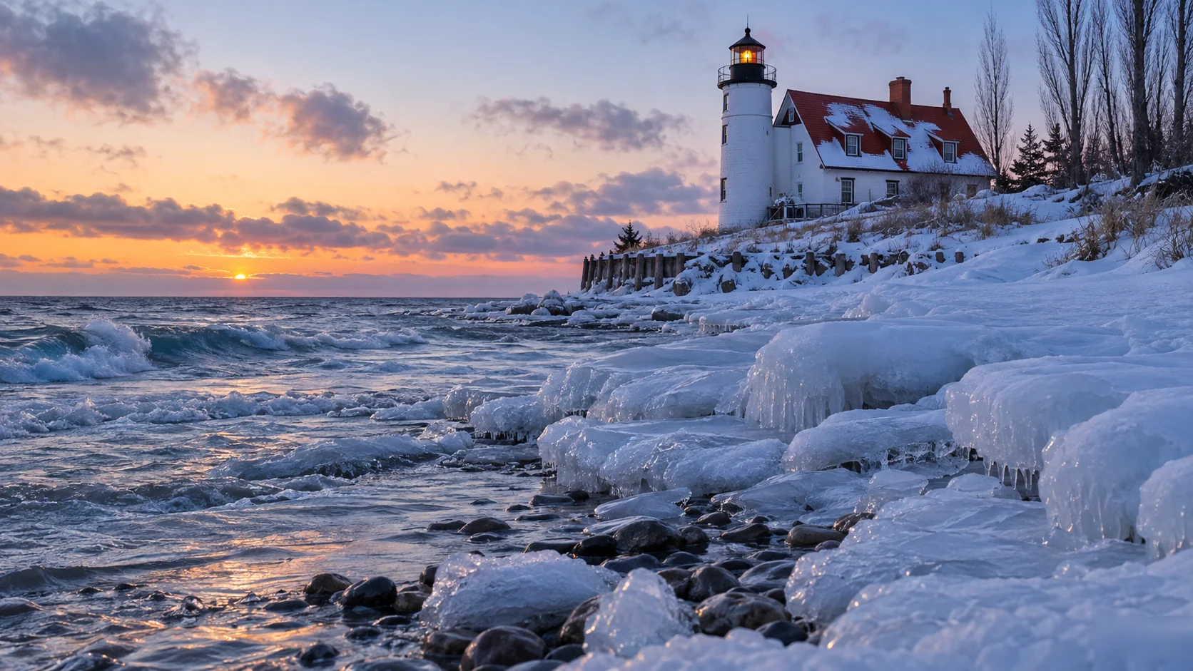 Point Betsie Lighthouse beside a sandy Lake Michigan beach under warm evening light