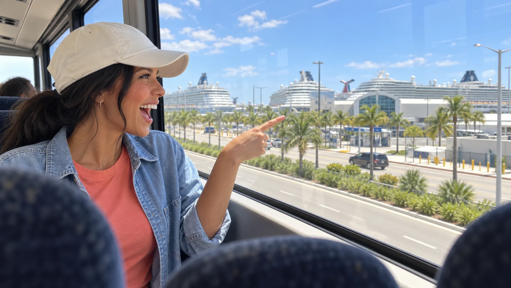 Ellie pointing toward cruise ships while riding a shuttle into Port Canaveral.