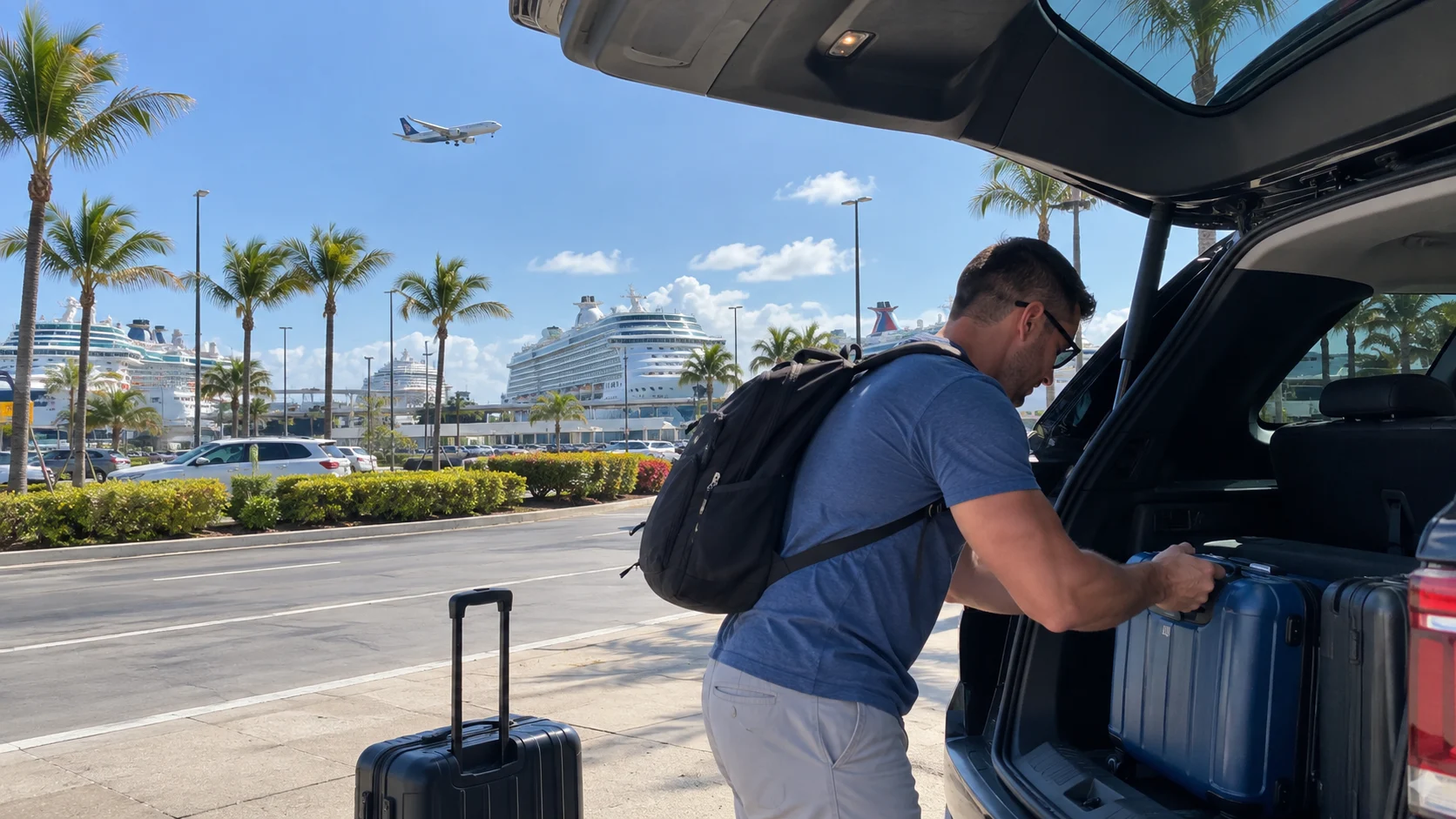 Traveler loading luggage into a vehicle near cruise ships at Port Everglades as an airplane descends.