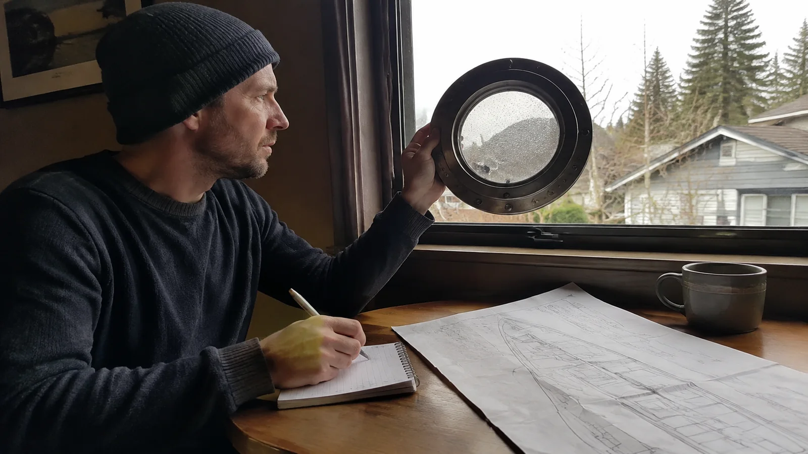 Person examining a circular window frame beside a technical drawing.