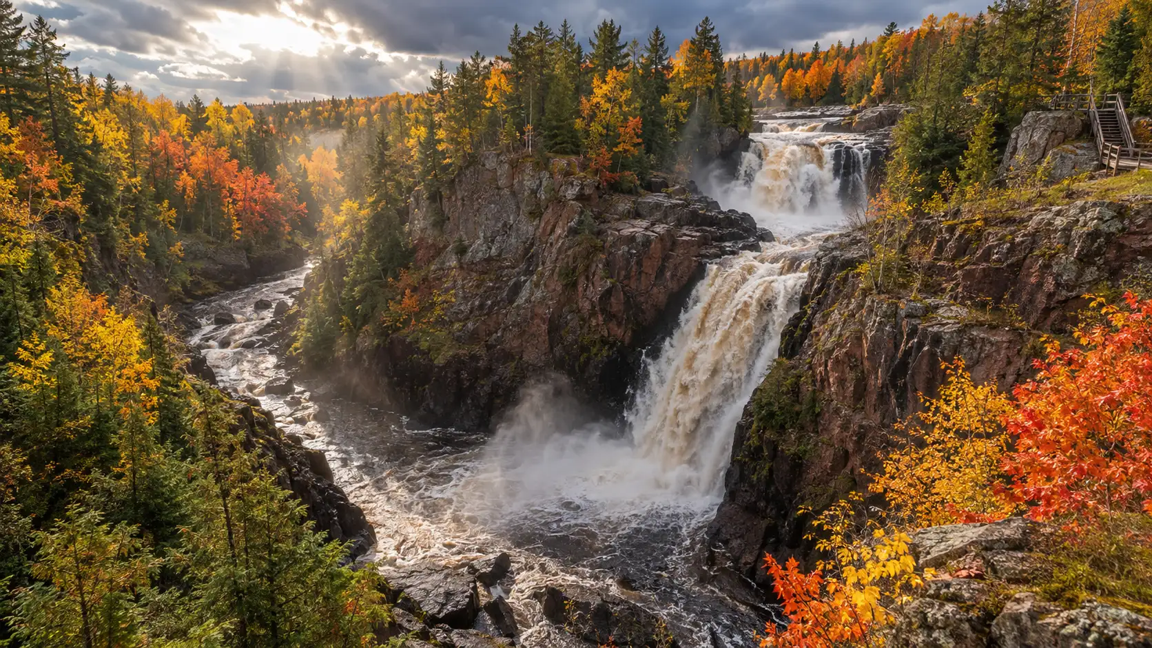 Potato River Falls descending in two powerful stages through a colorful Iron County gorge.