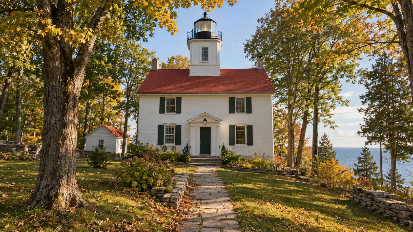 White Pottawatomie Lighthouse framed by autumn maples on Rock Island