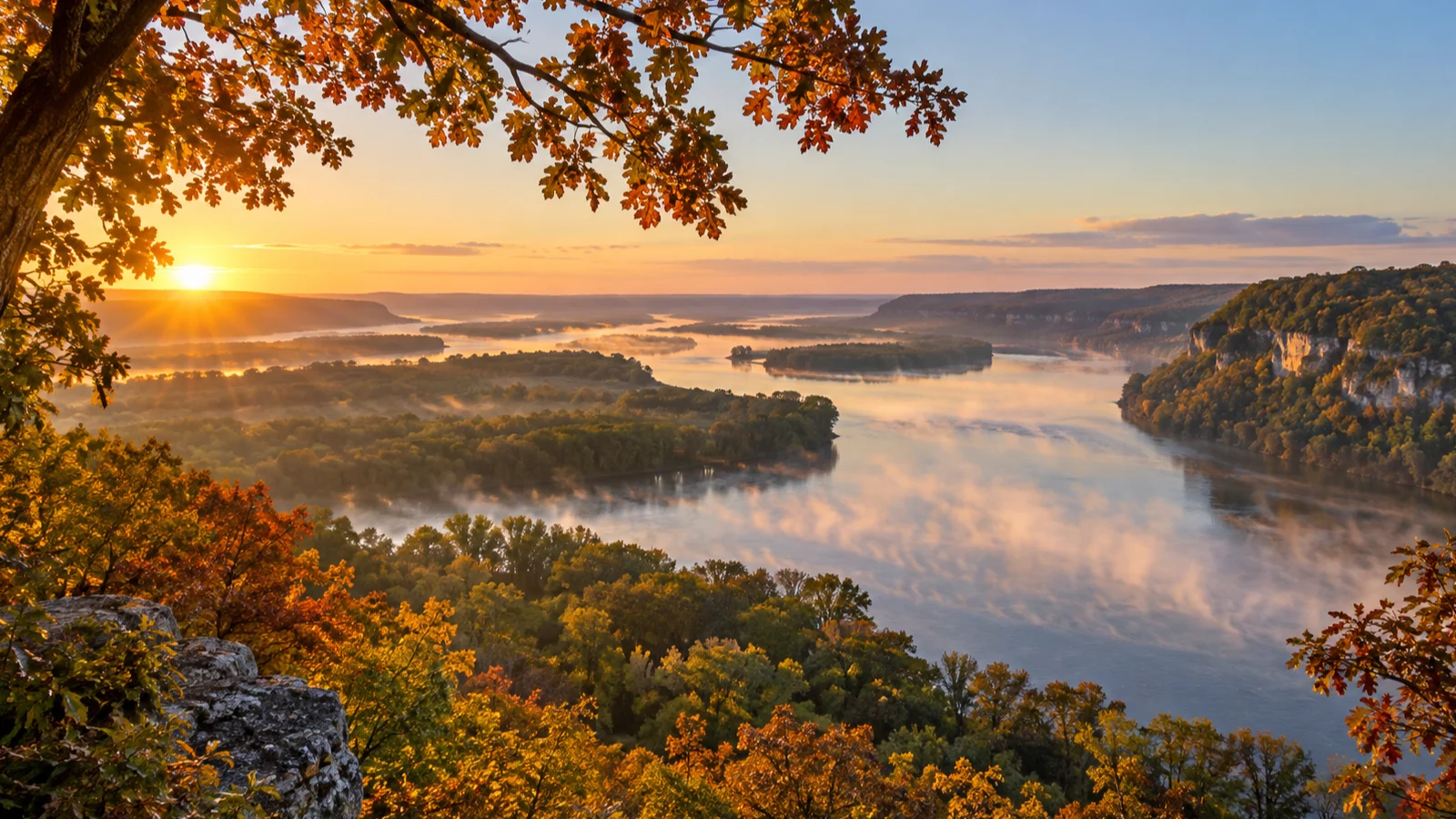 Autumn woods frame the misty meeting of the Wisconsin and Mississippi rivers from Wyalusing State Park.