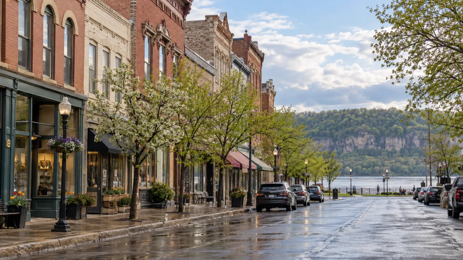 A quiet street of historic brick buildings captures Prairie du Chien's river-town character.