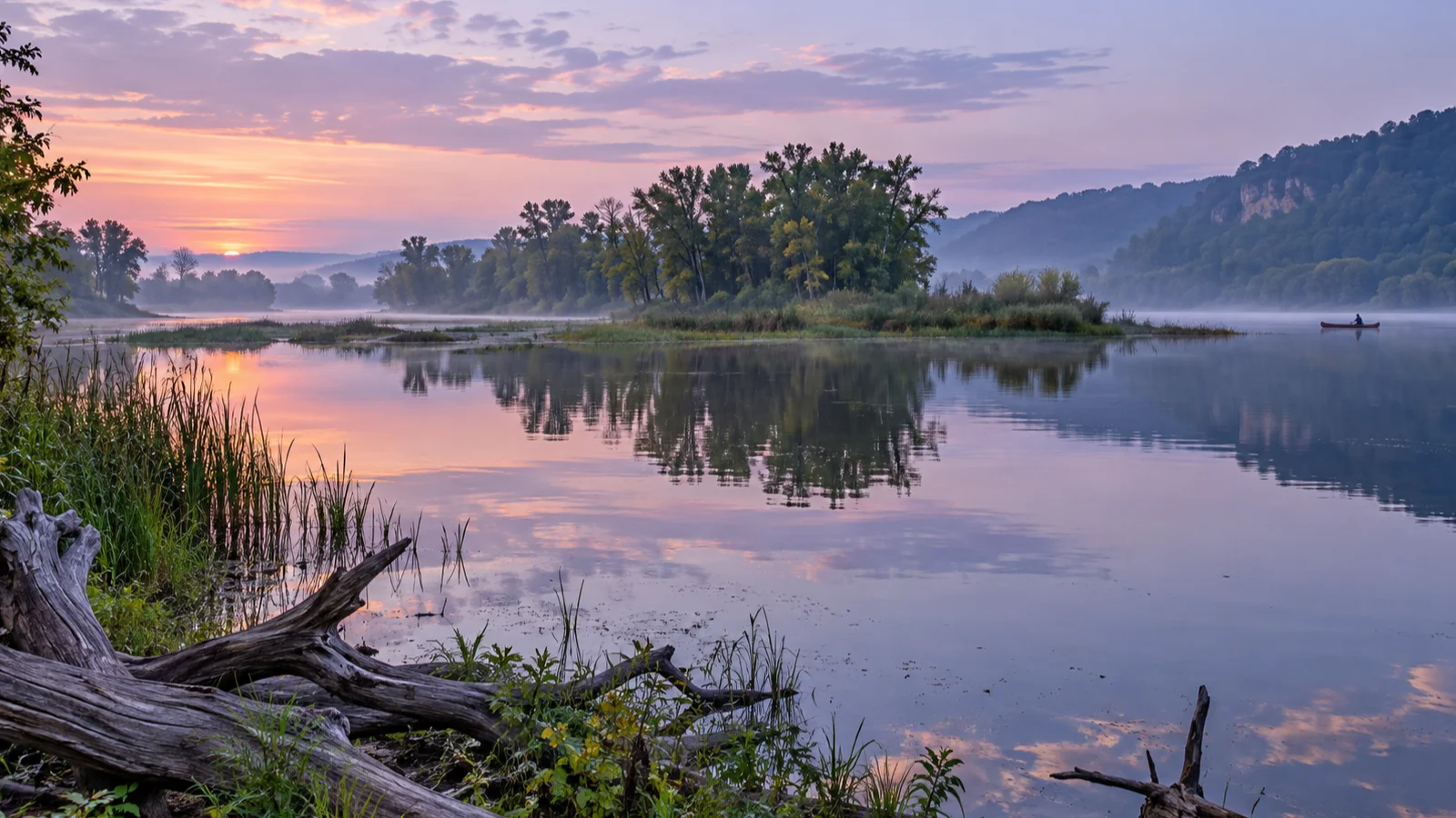Dawn colors reflect across calm Mississippi backwaters near Prairie du Chien.