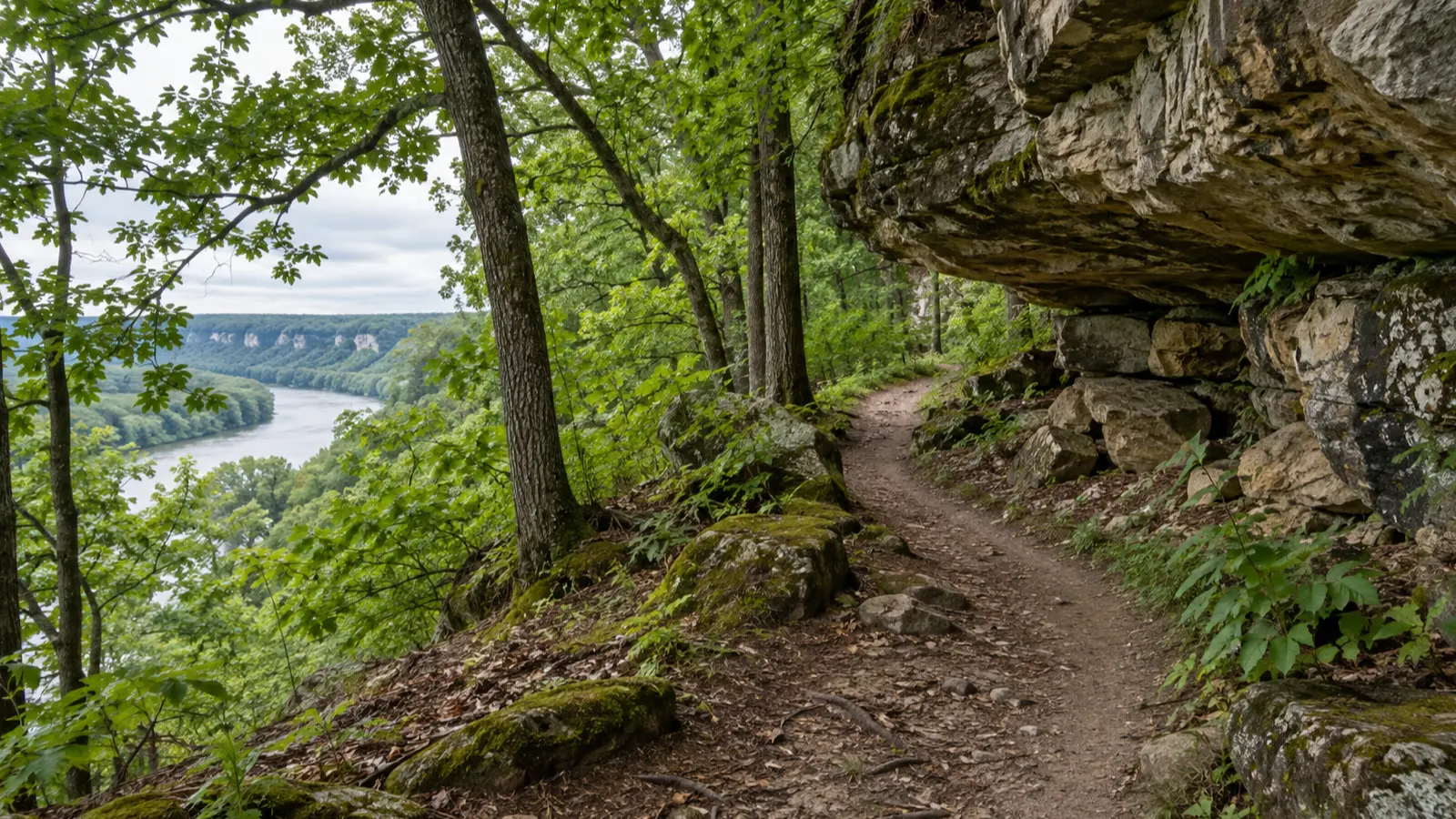 A wooded trail curves beneath mossy limestone outcrops in Wyalusing State Park.