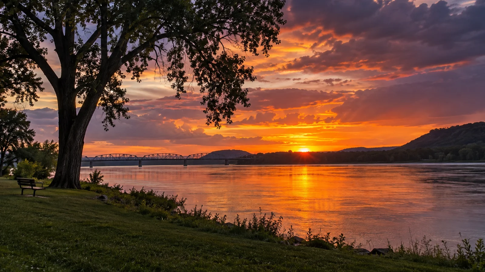Orange and violet sunset spreads over the Mississippi River at Prairie du Chien.
