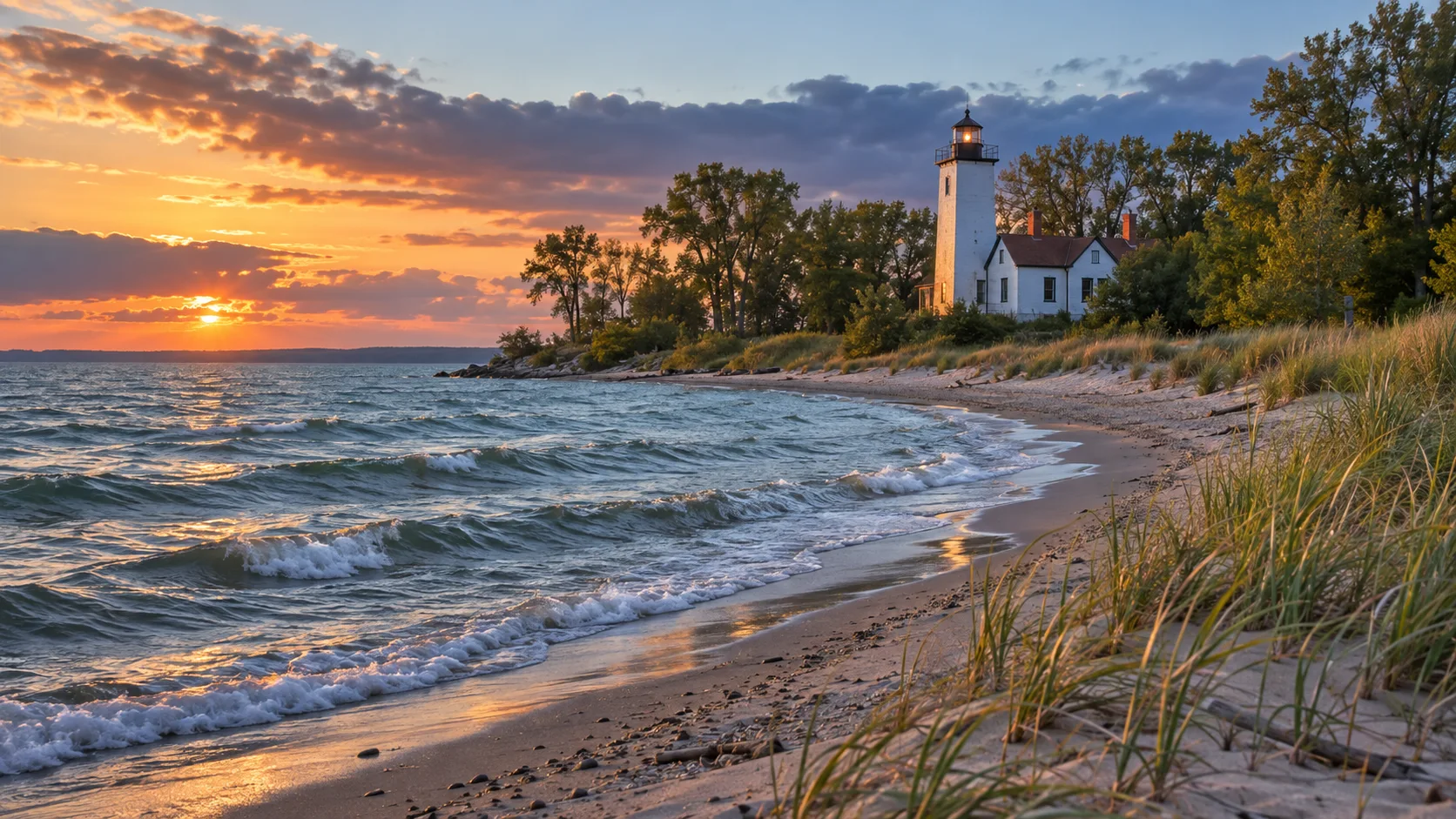 Presque Isle Lighthouse and Lake Erie shoreline at sunset in Erie, Pennsylvania