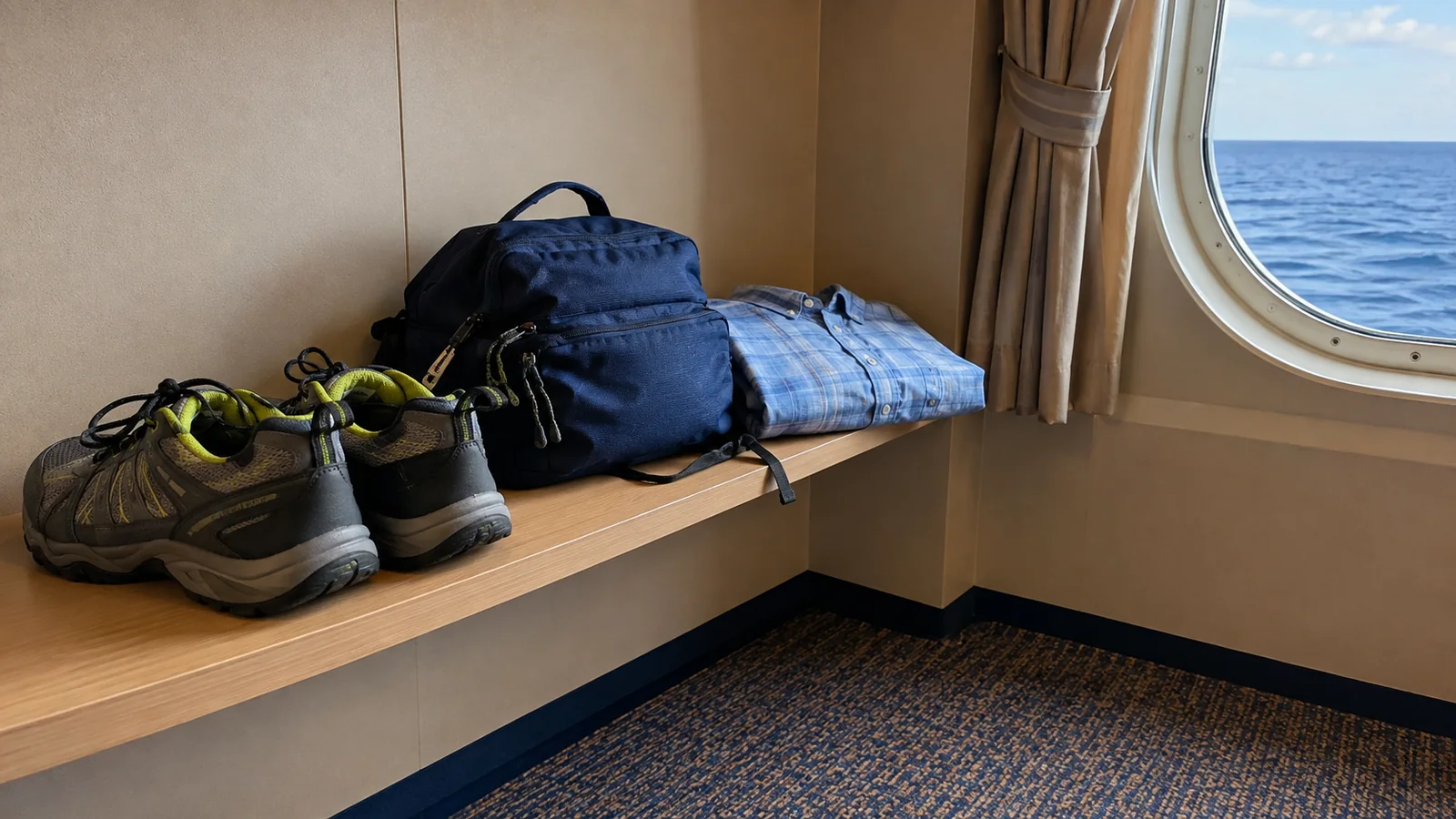 Hiking shoes, backpack and folded clothing rest on a shelf beside an ocean window.