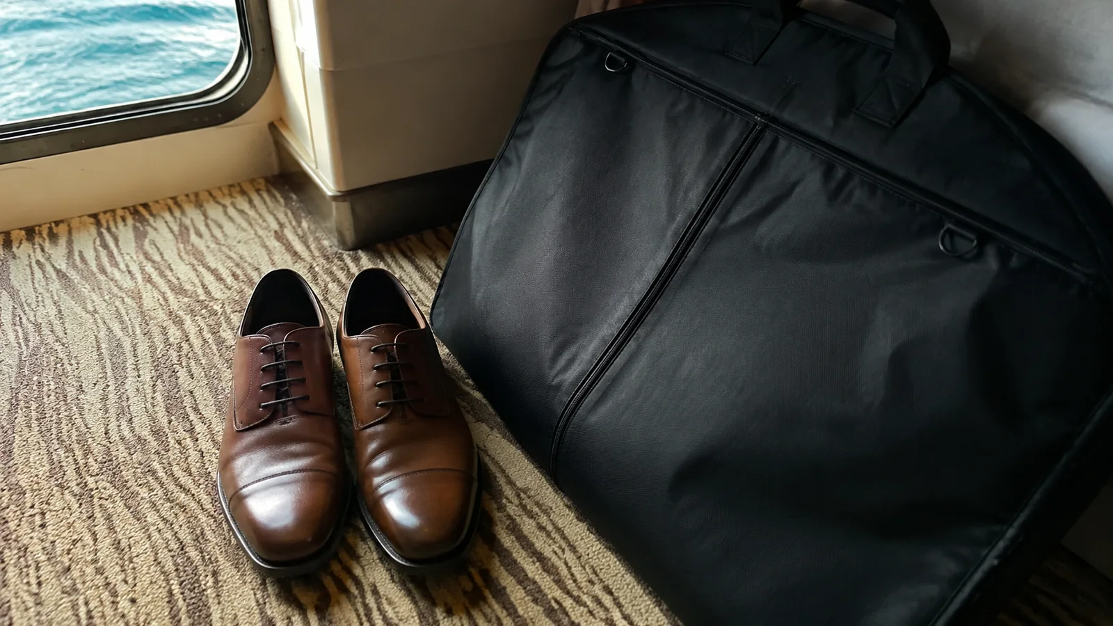 Brown leather shoes beside a folded garment bag.