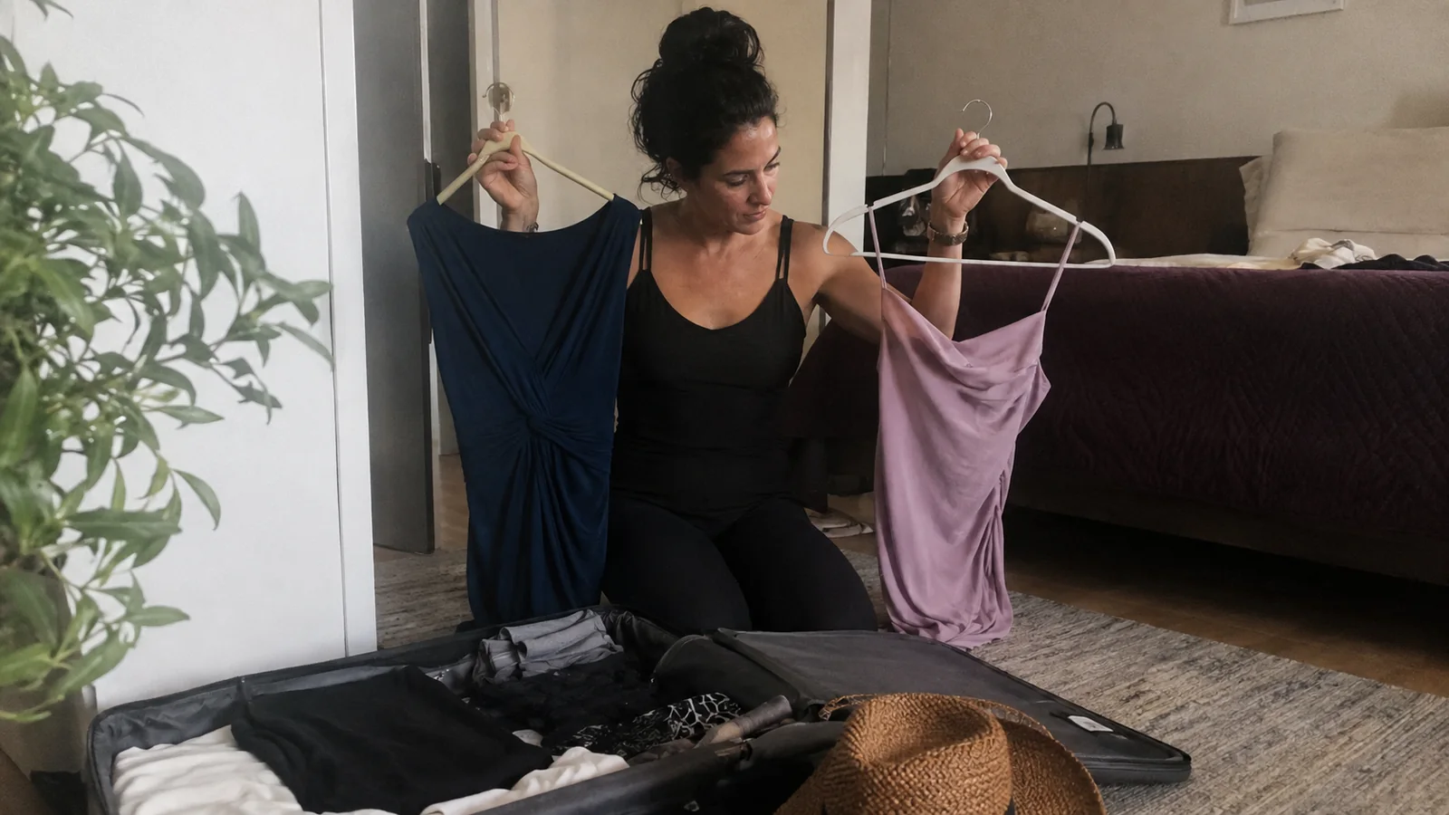 Woman choosing between two dresses beside an open suitcase.