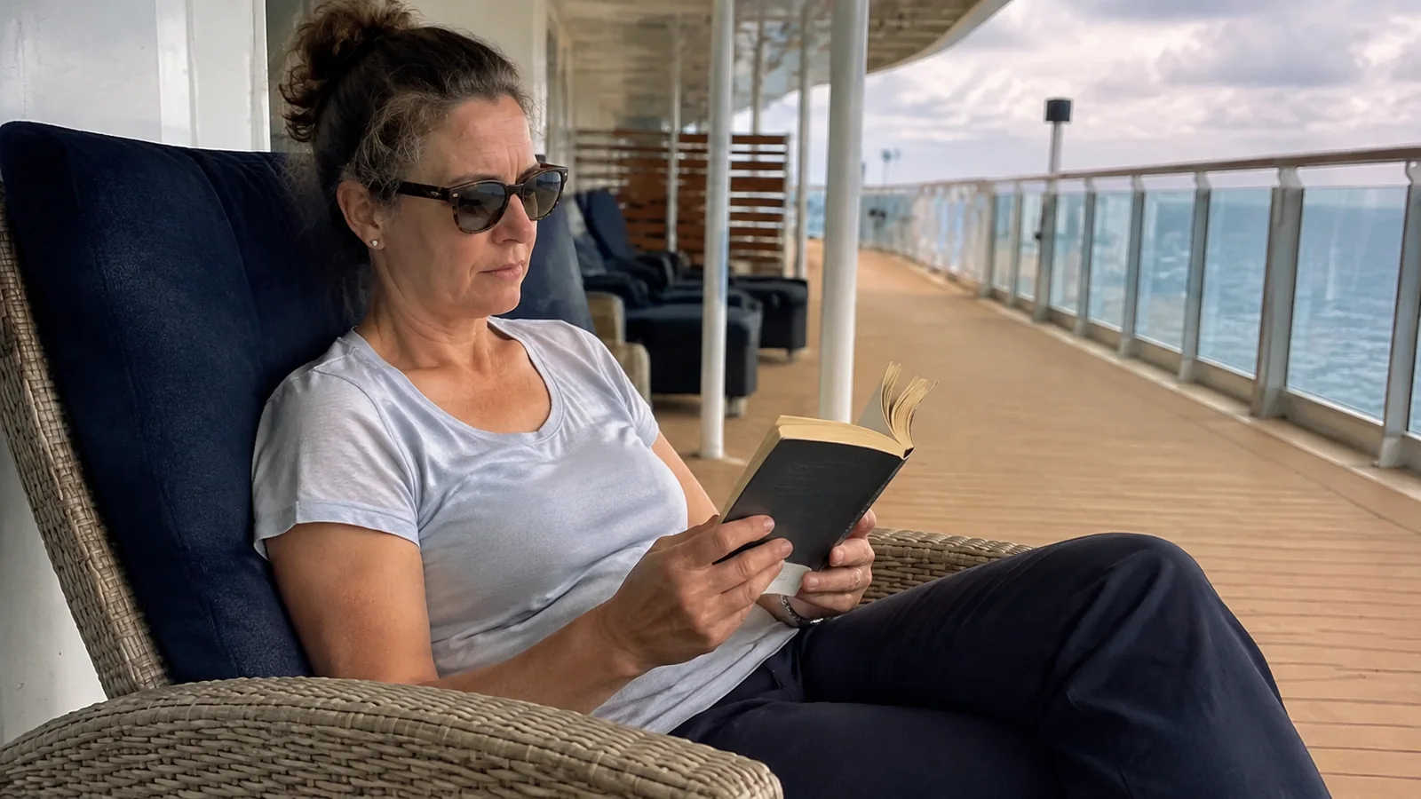 Woman reads a small book while reclining on a ship lounger.