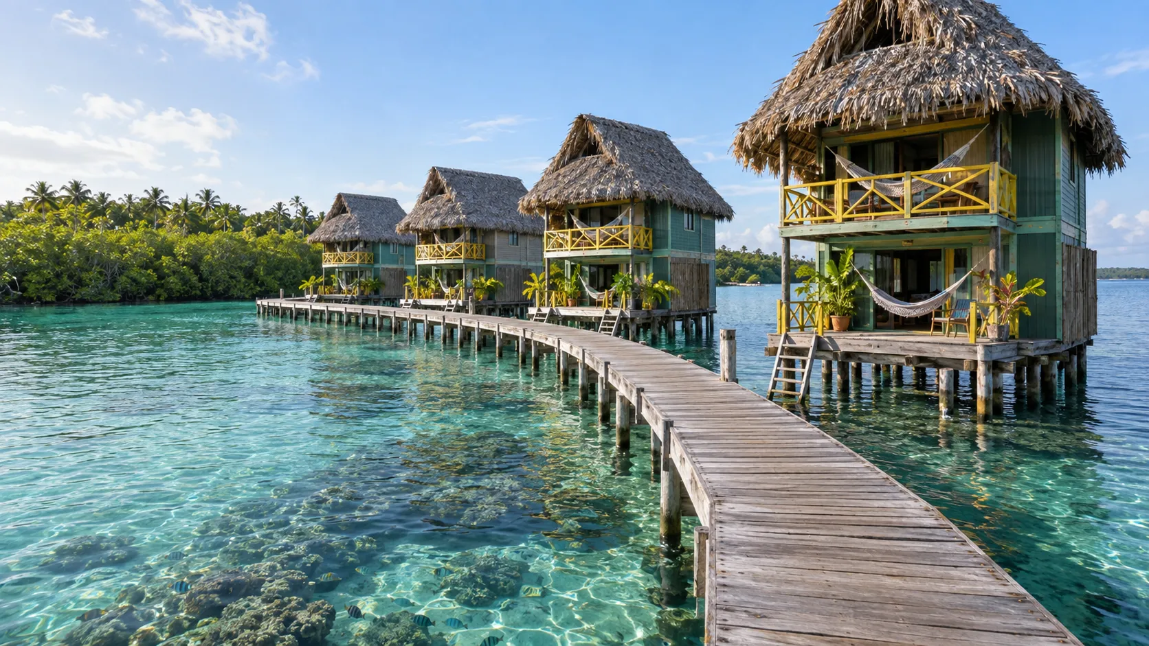 Sea-green overwater bungalows with yellow railings along a curved boardwalk at Punta Caracol Acqua Lodge.