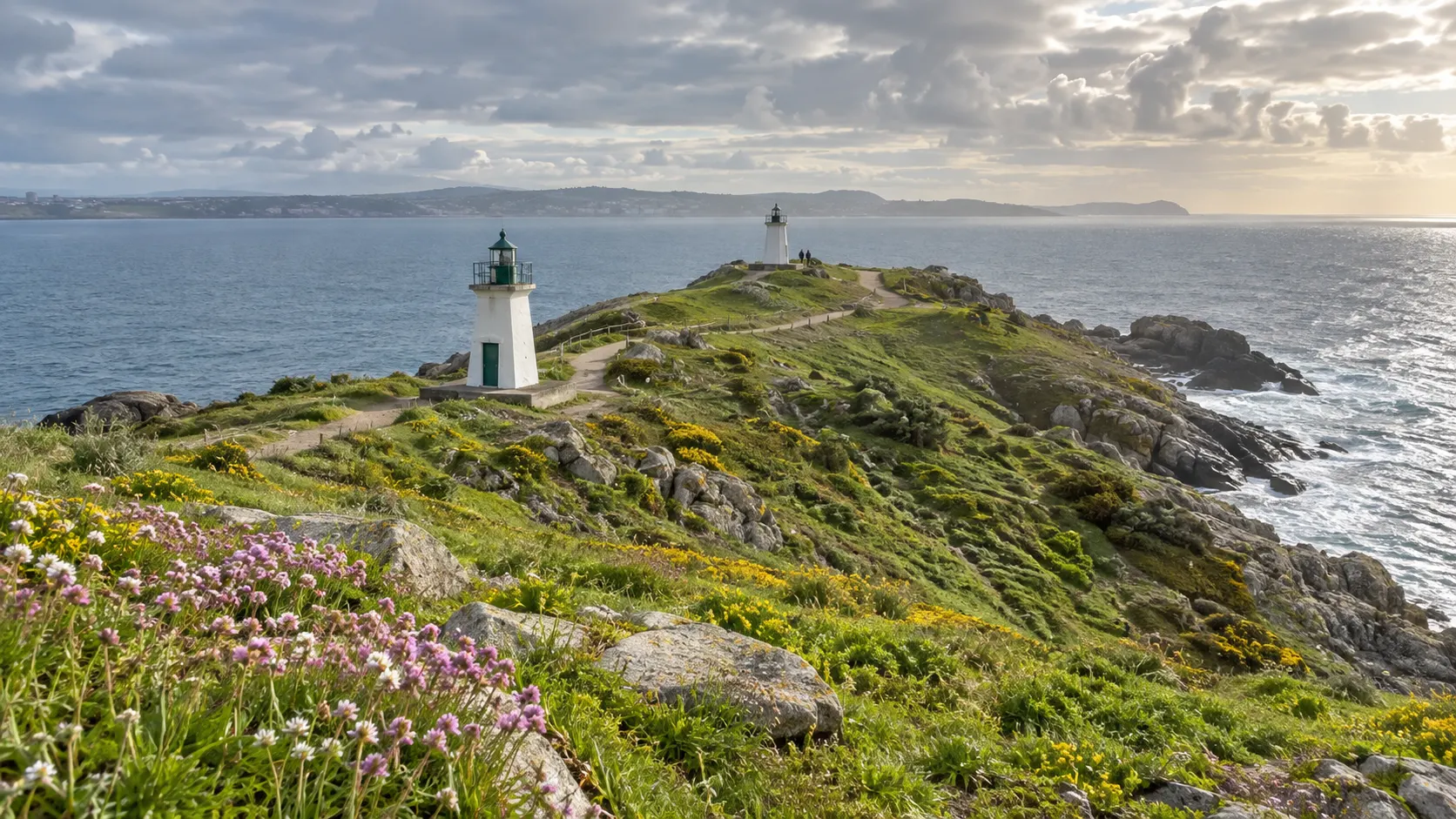 Two Punta de Mera range lights aligned across a flower-covered coastal headland near Oleiros, Spain.