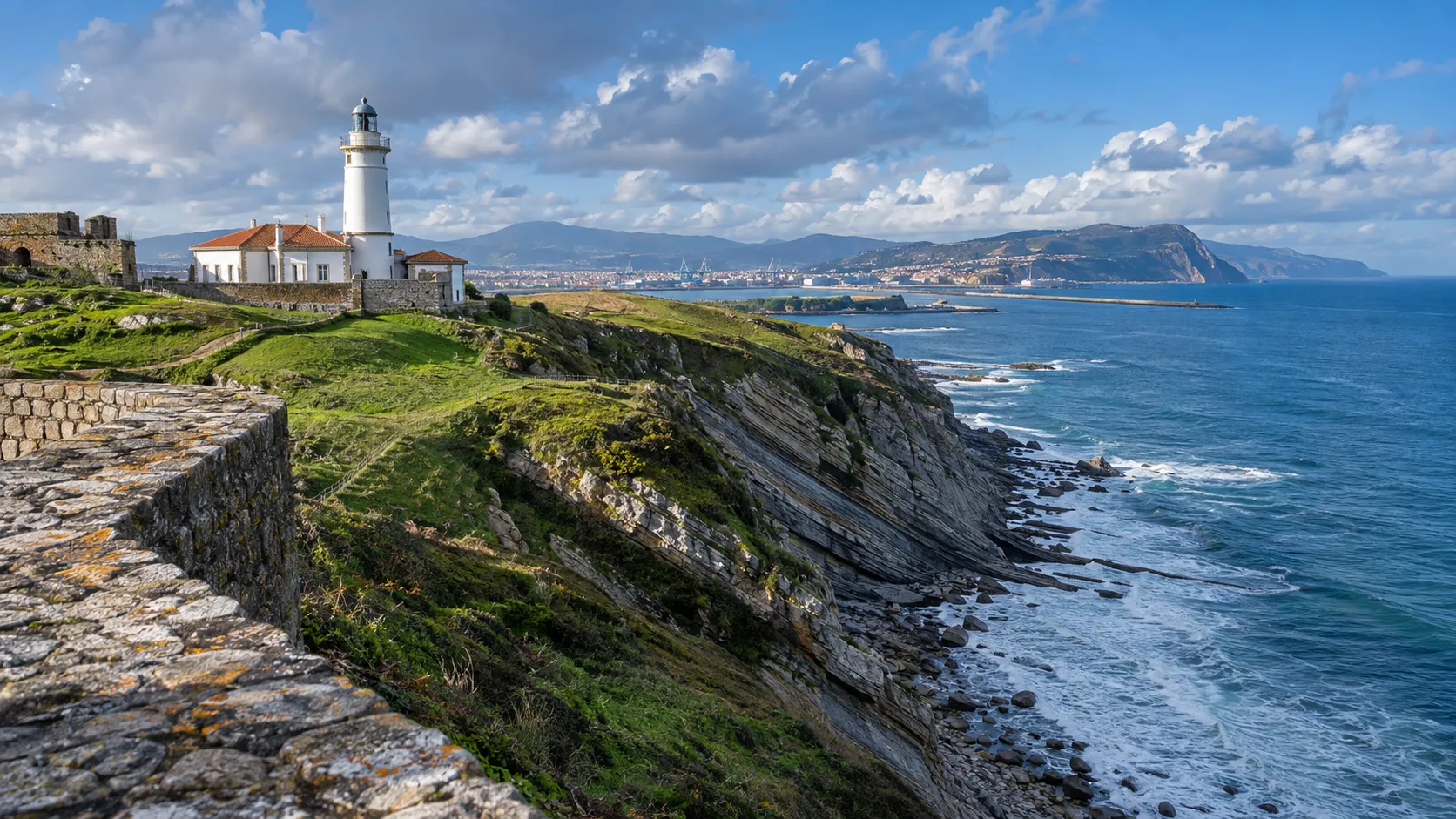 Punta Galea Lighthouse above green flysch cliffs and the blue Bay of Biscay near Getxo, Spain.