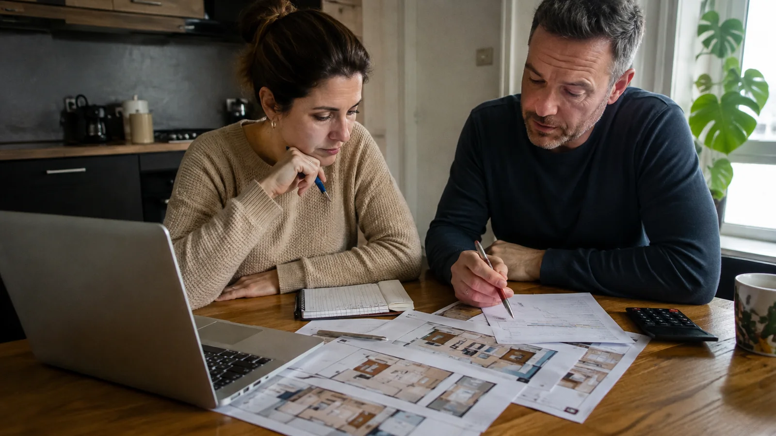 Couple comparing cabin plans beside a laptop and calculator.