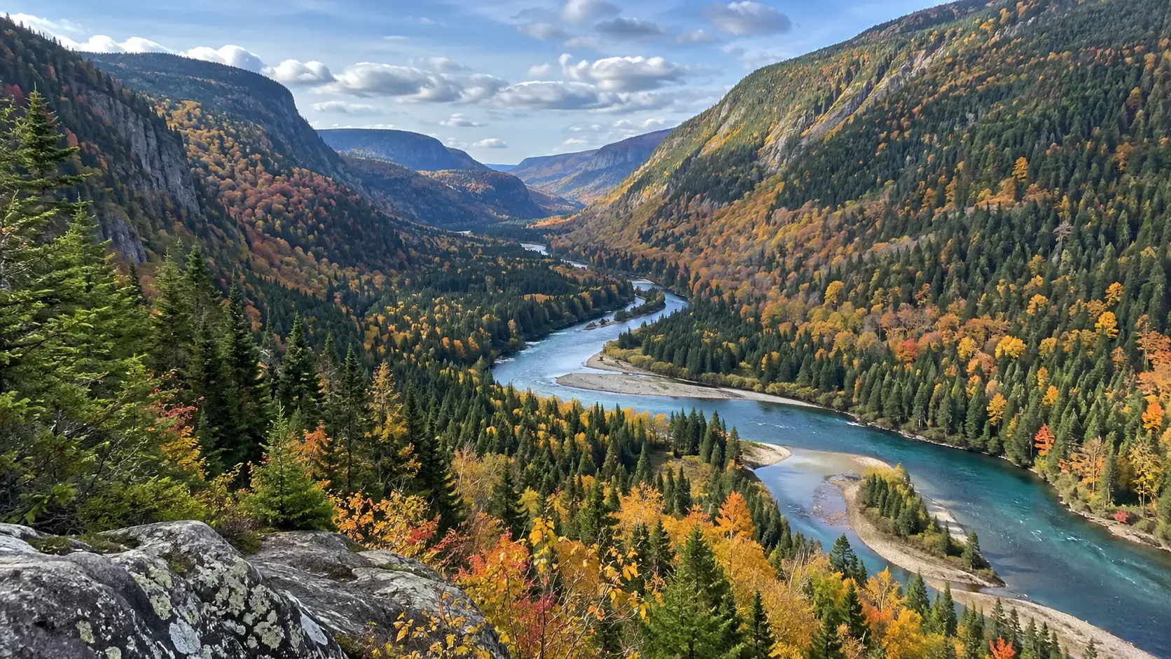 Turquoise river winding through the autumn forest and steep valley of Jacques-Cartier National Park.