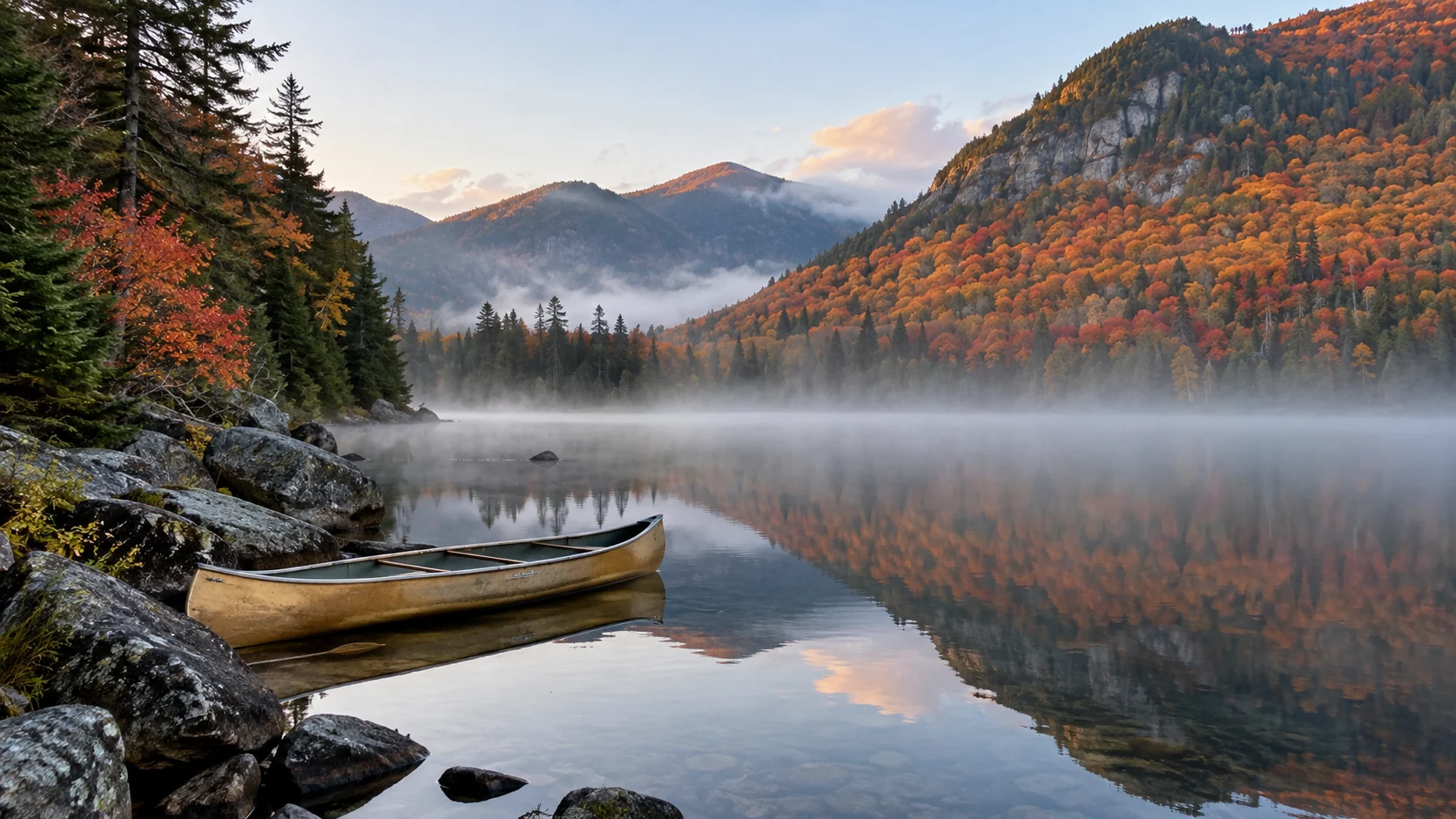 Canoe beside a misty mountain lake surrounded by autumn color in Mont-Tremblant National Park.