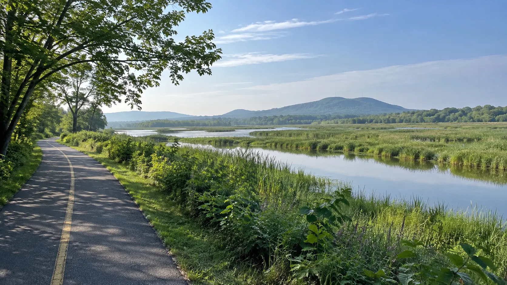 Cycling path beside wetlands with Mont-Saint-Bruno hills in the distance near Montreal.