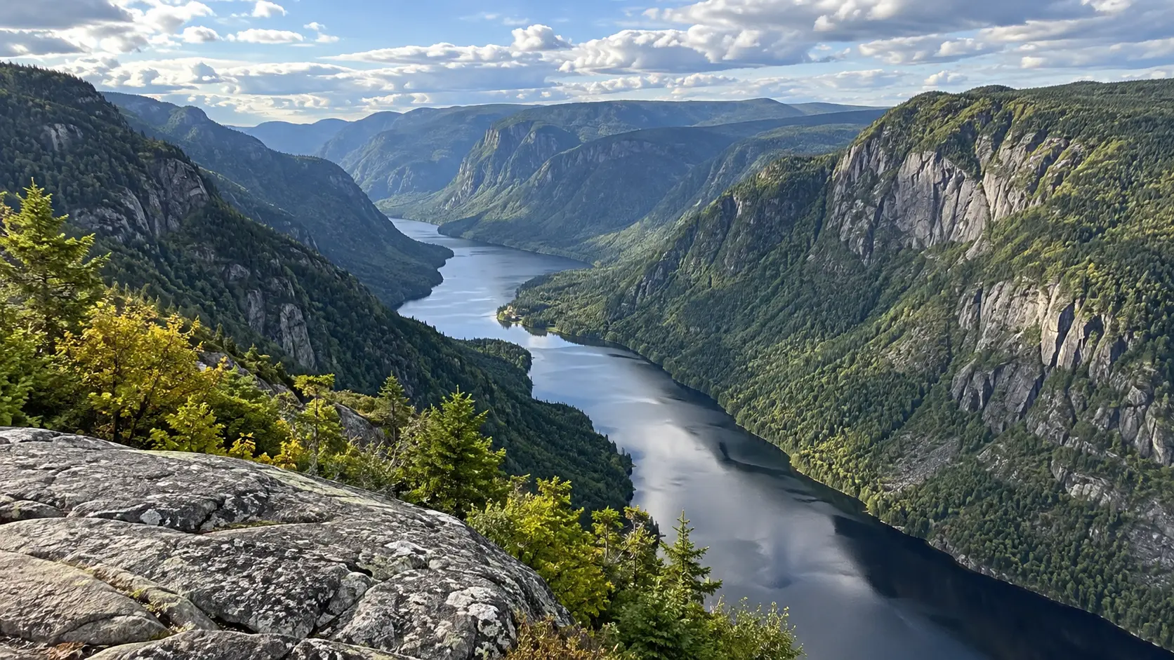 Deep river valley and immense cliffs viewed from the Acropole des Draveurs area.
